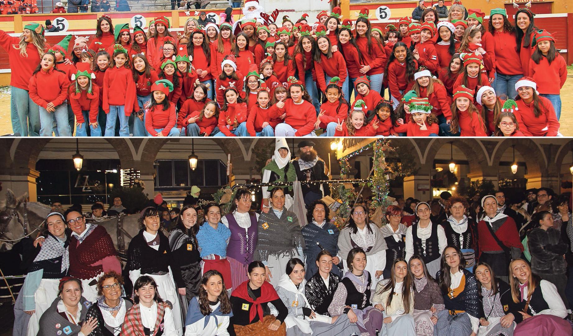 CON PAPÁ NOEL... Alumnas y monitoras del Gimnasio Fitness de Tudela se fotografiaron junto a Papá Noel tras ser recibido en la plaza de toros. ...Y CON OLENTZERO Y MARI DOMINGI Las dantzaris que escoltaron a Olentzero y Mari Domingi posaron con ellos en la plaza de los Fueros.