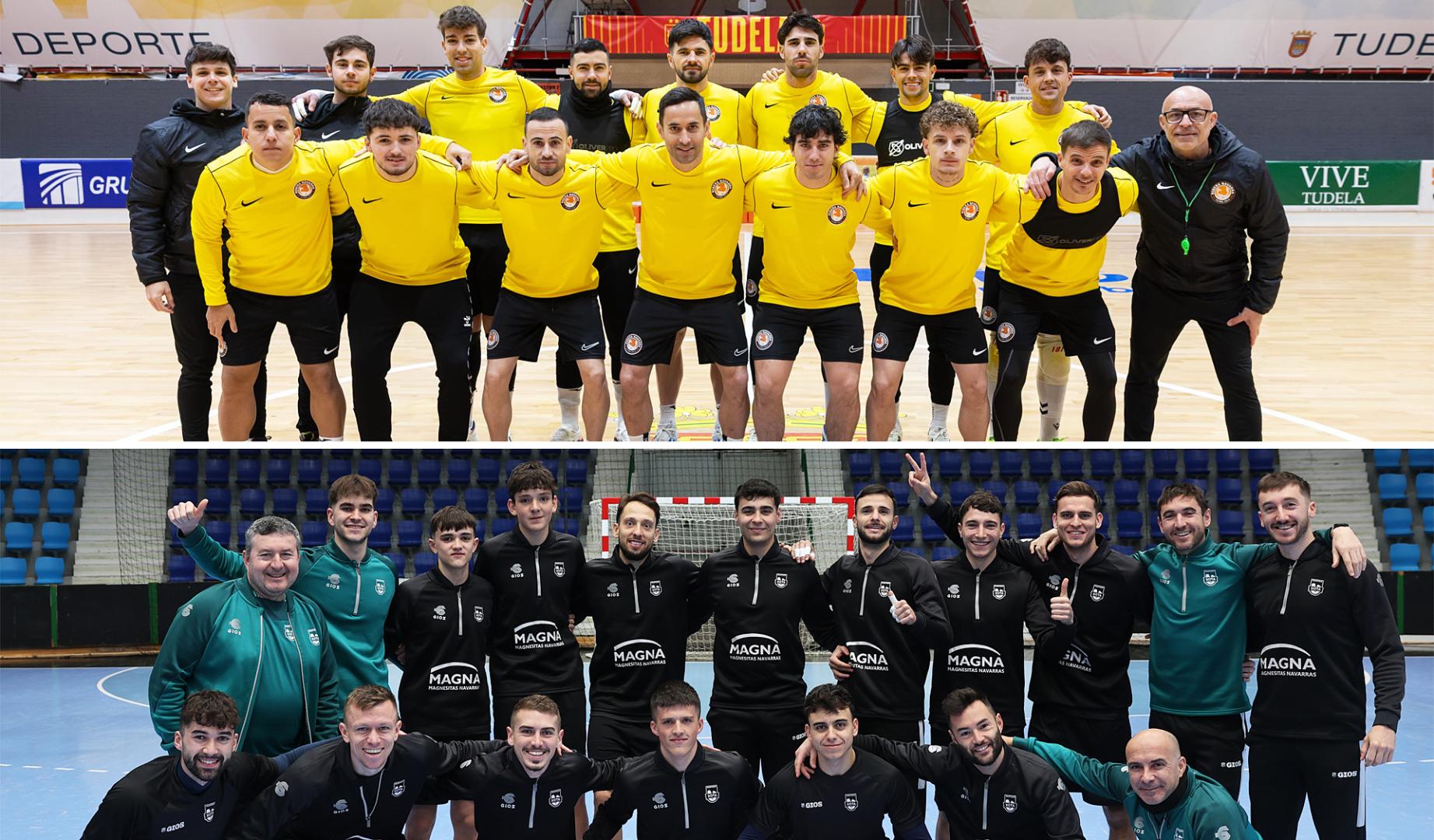 Los jugadores y el cuerpo técnico del ATP RIbera (arriba) y de Osasuna Magna (debajo) antes del derbi