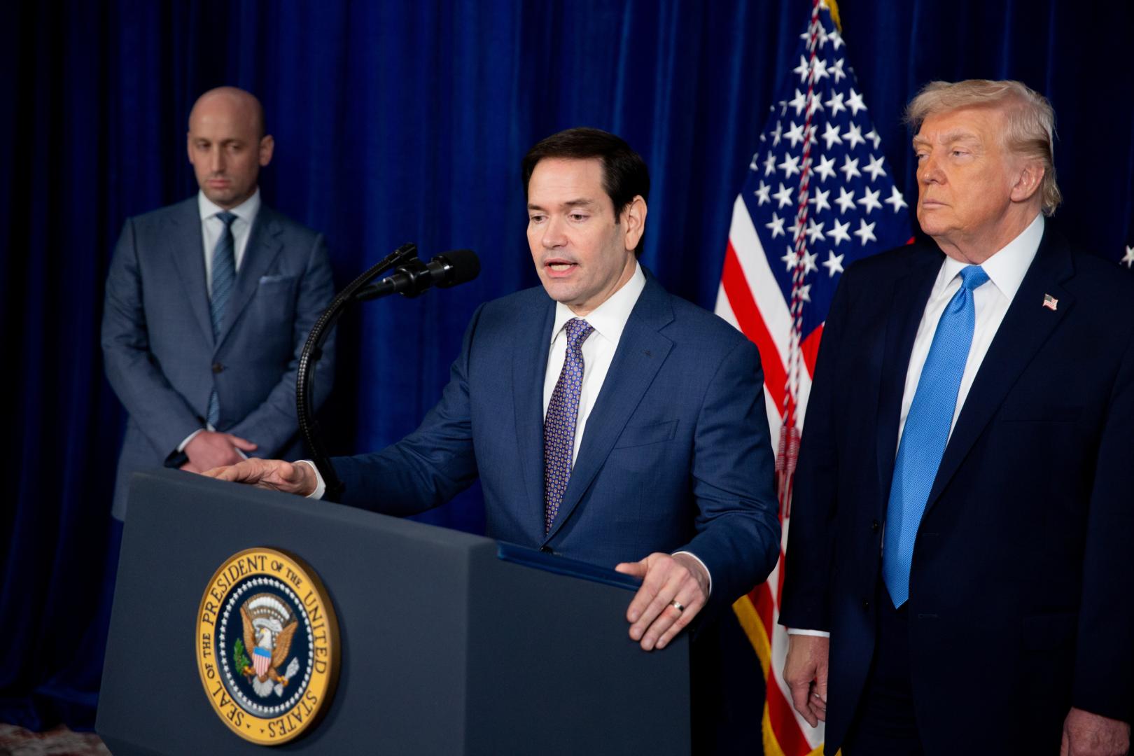 El secretario de estado de EE UU, Marco Rubio, durante la comparecencia en Mar-a-Lago junto a Donald Trump