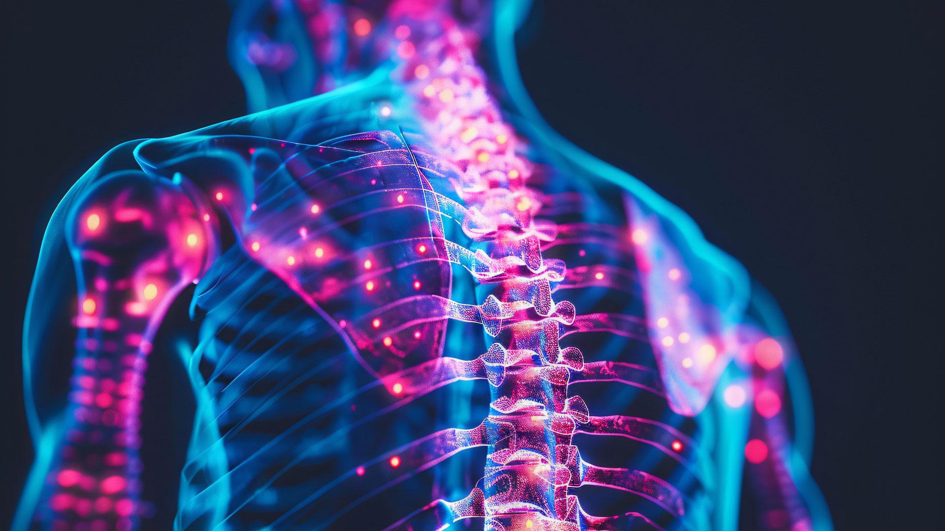 Ilustración de un cuerpo humano con la médula espinal destacada en colores