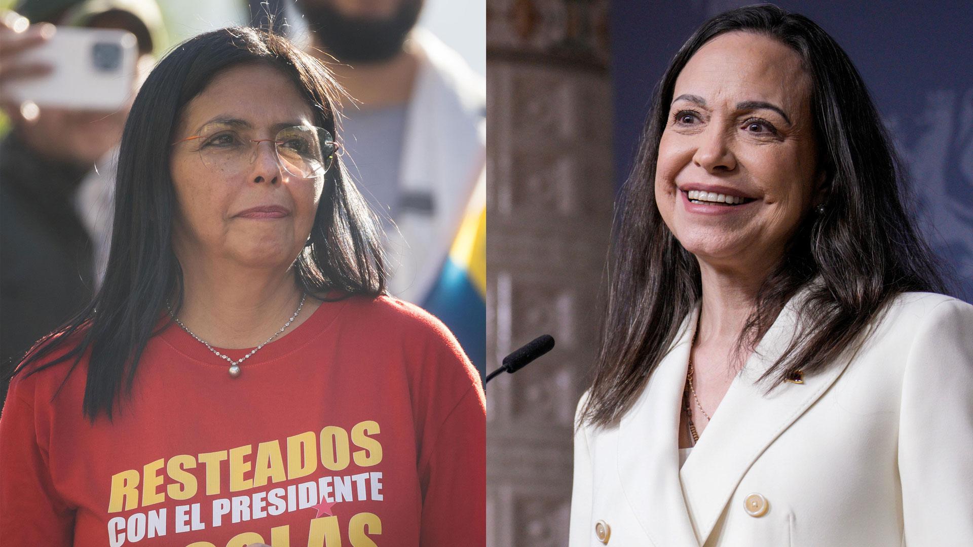 Combo de fotografías que muestran a la vicepresidenta ejecutiva de Venezuela, Delcy Rodríguez, y a la líder opositora venezolana María Corina Machado