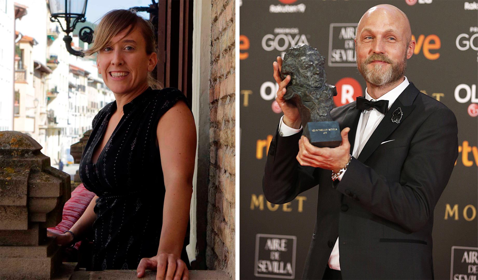 A la izda., Itziar García Zubiri en Villava, A la dcha., Mikel Serrano con el Goya que ganó por 'Handia'