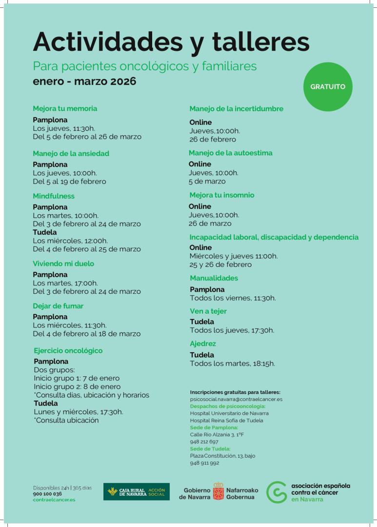 Cartel con las actividades y talleres gratuitos de la Asociación Española Contra el Cáncer en Navarra