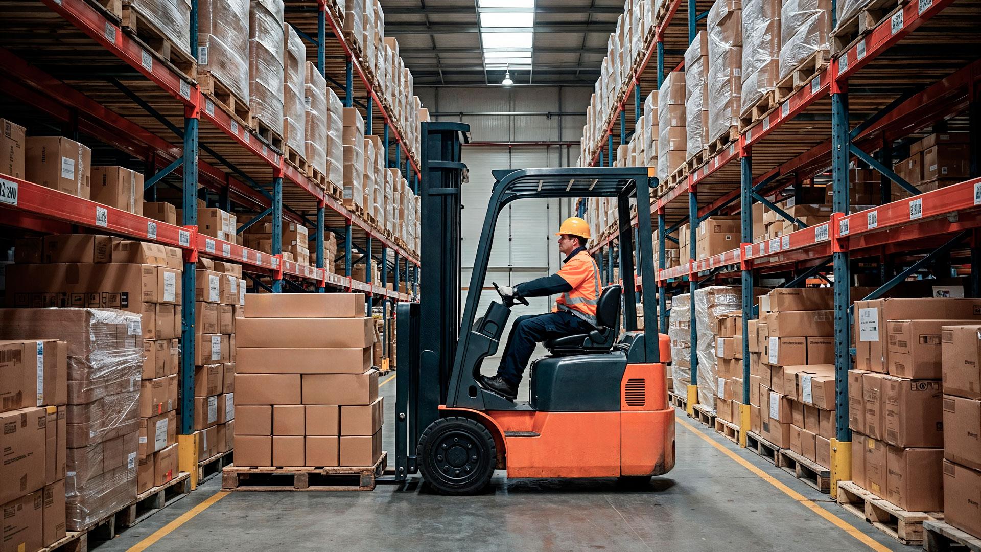 Un carretillero trabajando en un almacén