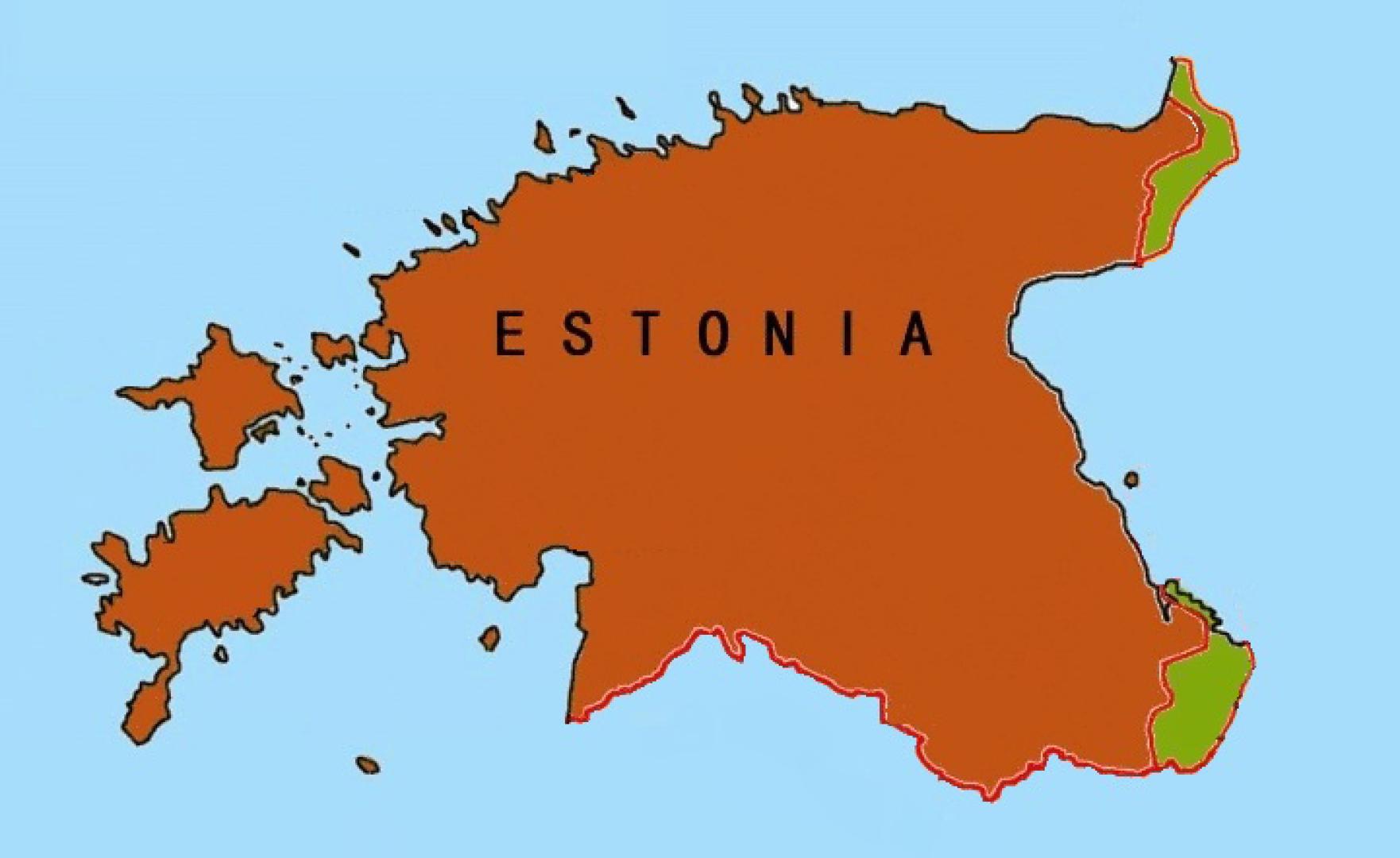 Mapa de Estonia mostrado en las monedas. En verde las zonas rusas reclamadas