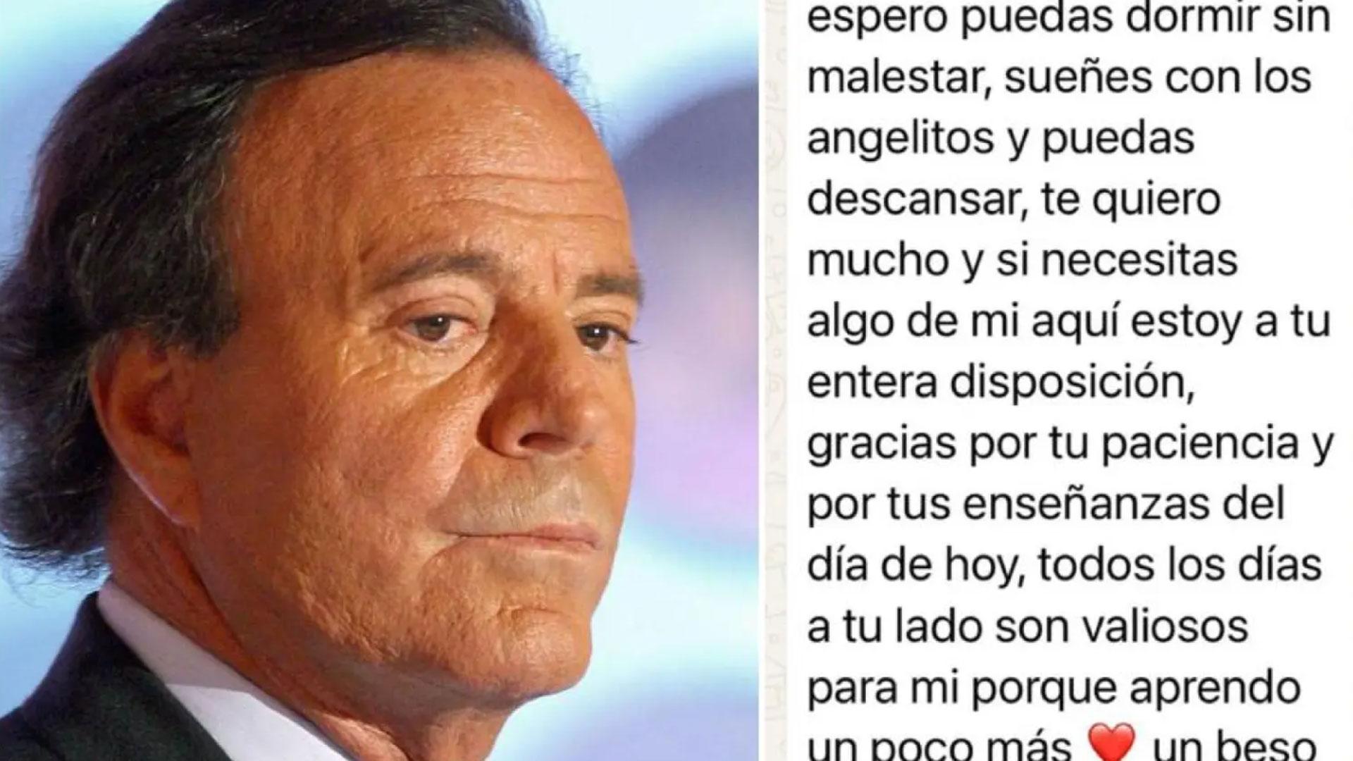 Una foto de Julio Iglesias junto a una captura de pantalla de uno de los mensajes de WhatsApp que, supuestamente, le habrían enviado sus exempleadas y que el cantante ha publicado en su perfil de Instagram