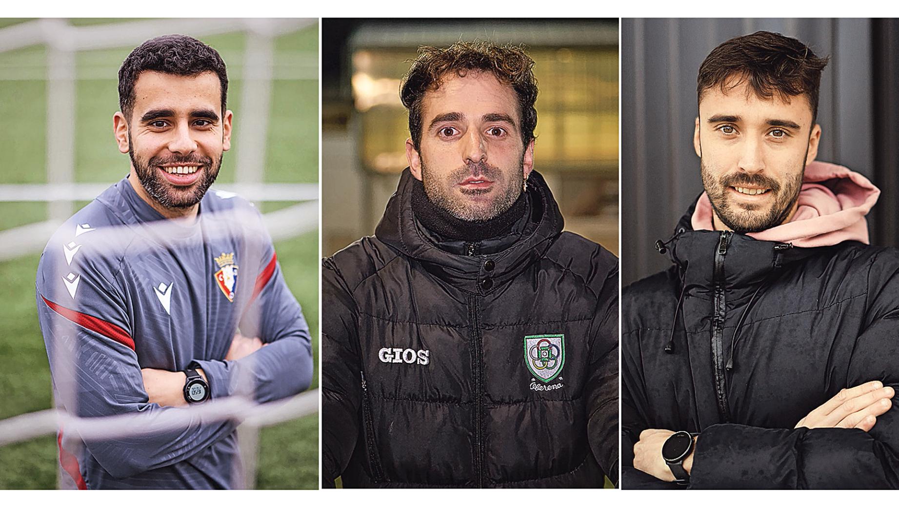 De izda. a dcha., Raúl Lecumberri (dirige al DH de Osasuna en su cuarto año), Sergio Soto (con el DH, lleva diez años como técnico en Oberena) y Xabier Arcaya (llegó al San Juan esta temporada)