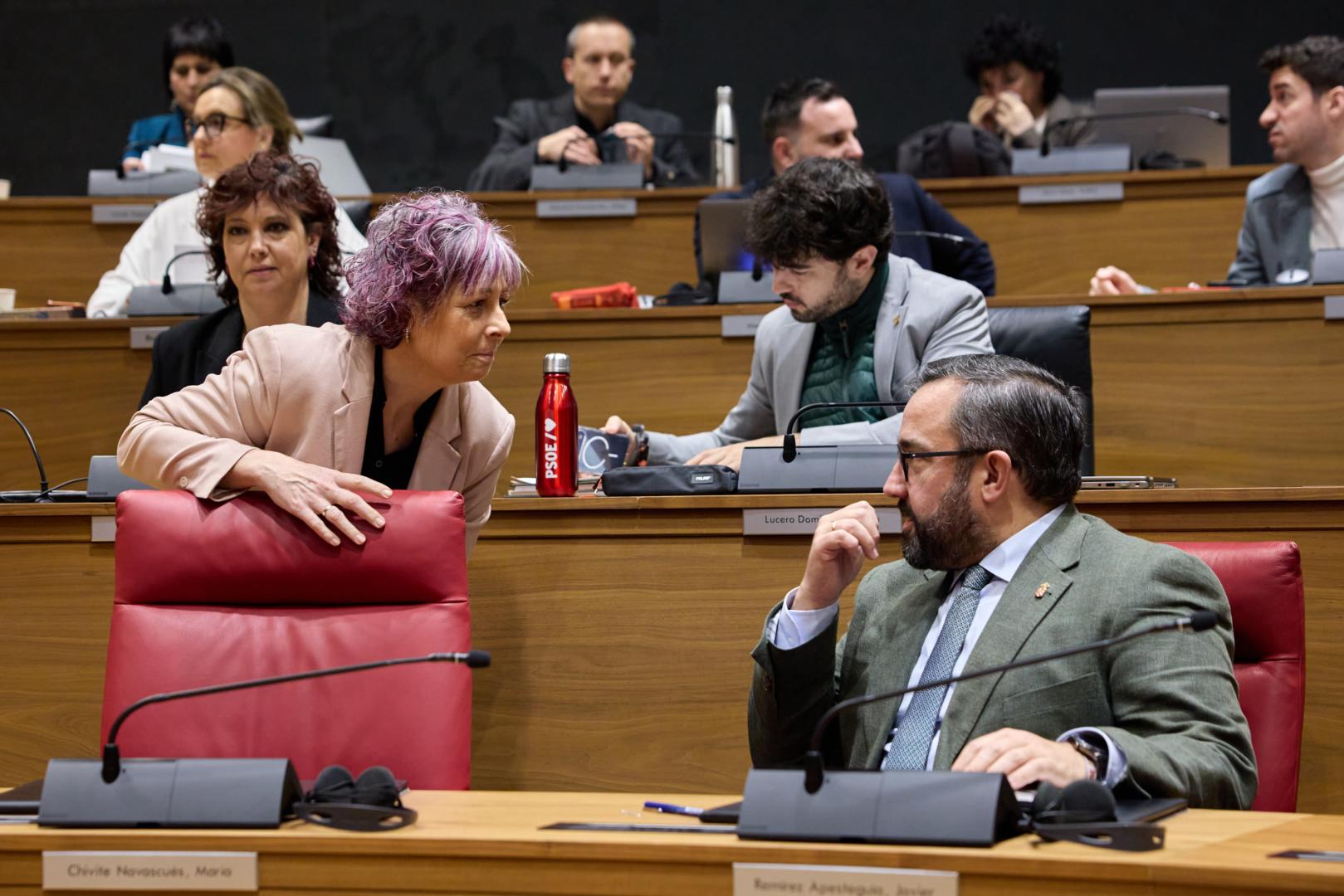 La consejera Rebeca Esnaola conversa con el vicepresidente Javier Remírez, en el hemiciclo del Parlamento