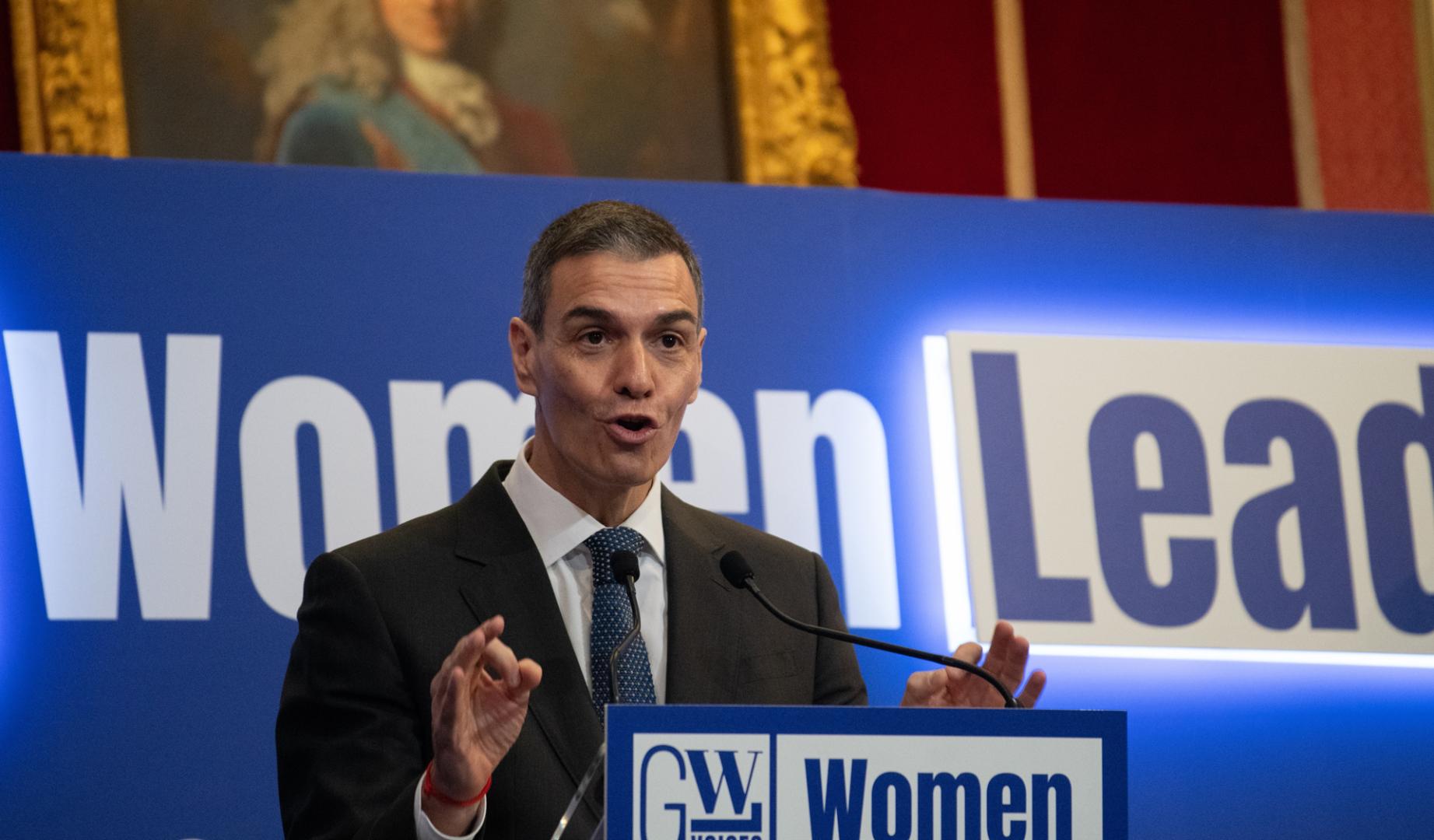 El presidente del Gobierno, Pedro Sánchez, interviene en el acto Mujeres liderando la ONU del siglo XXI, en la Real Academia de Bellas Artes de San Fernando