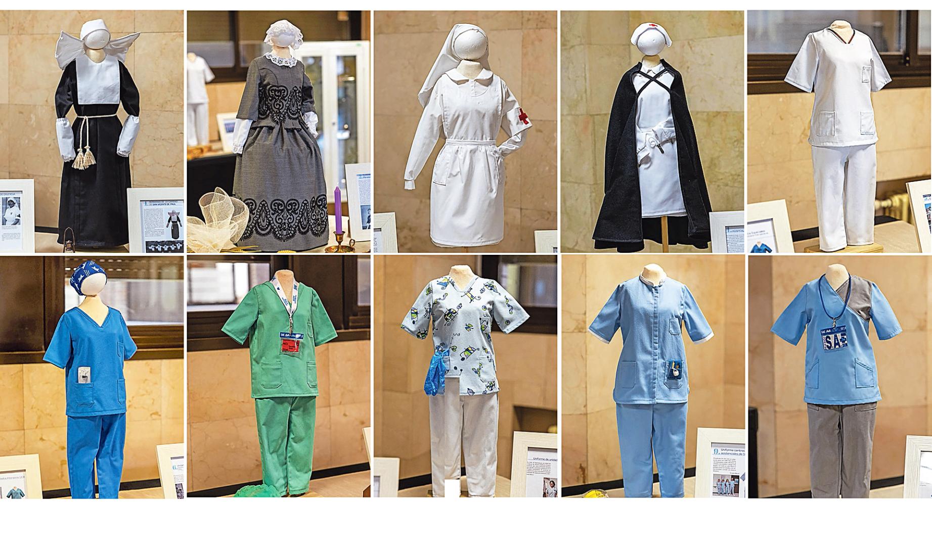 En la fila superior, de izda. a dcha., Hermanas de la Caridad, mediados del siglo XIX, Cruz Roja, Hospital de Sangre y auxiliar de clínica. En la fila inferior, de izda. a dcha., cuidados especiales, cuidados intensivos, unidad de Pediatría, centro asistencial y uniforme de ANADP