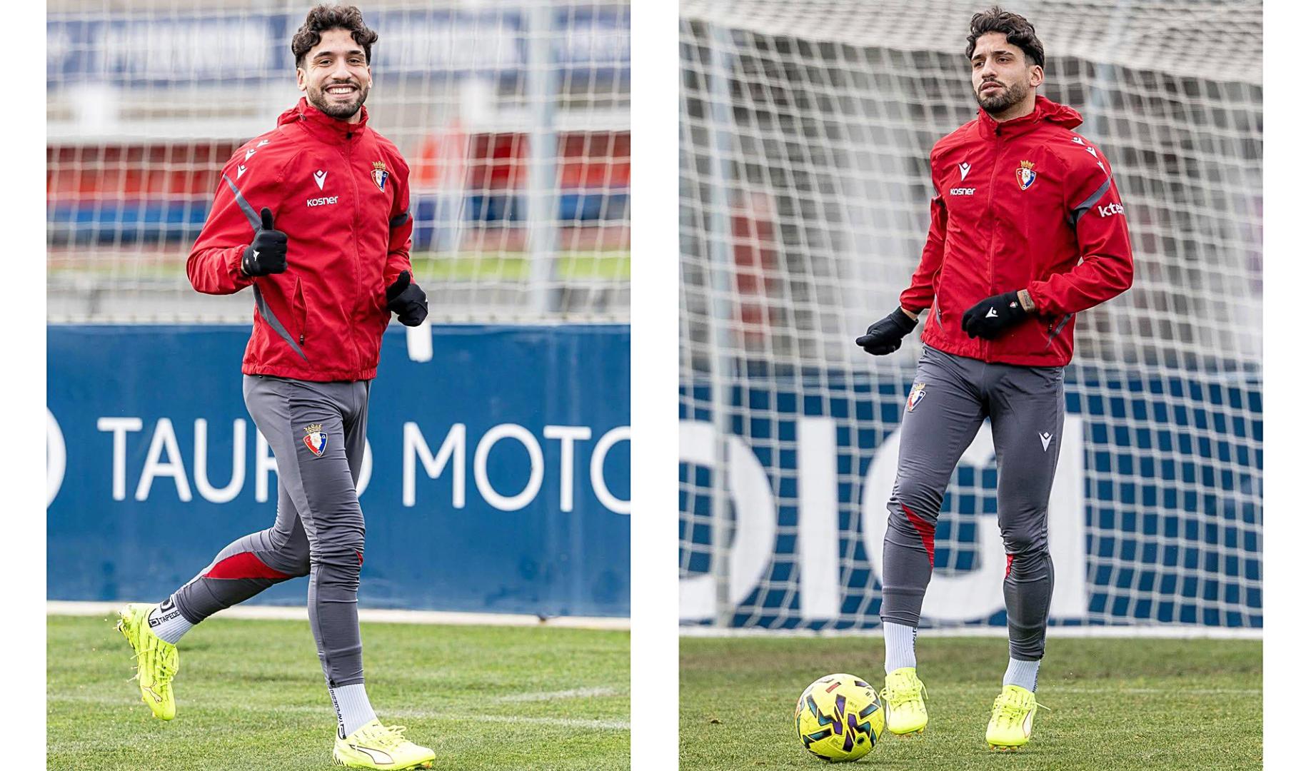 Iker Benito, este miércoles en Tajonar, a la izquierda realizando carrera y a la derecha tocando balón