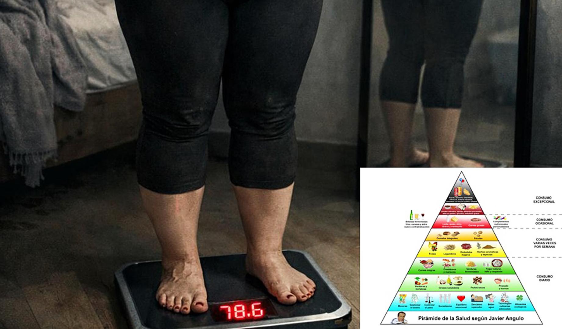 La báscula indica la reducción de peso de una persona a dieta