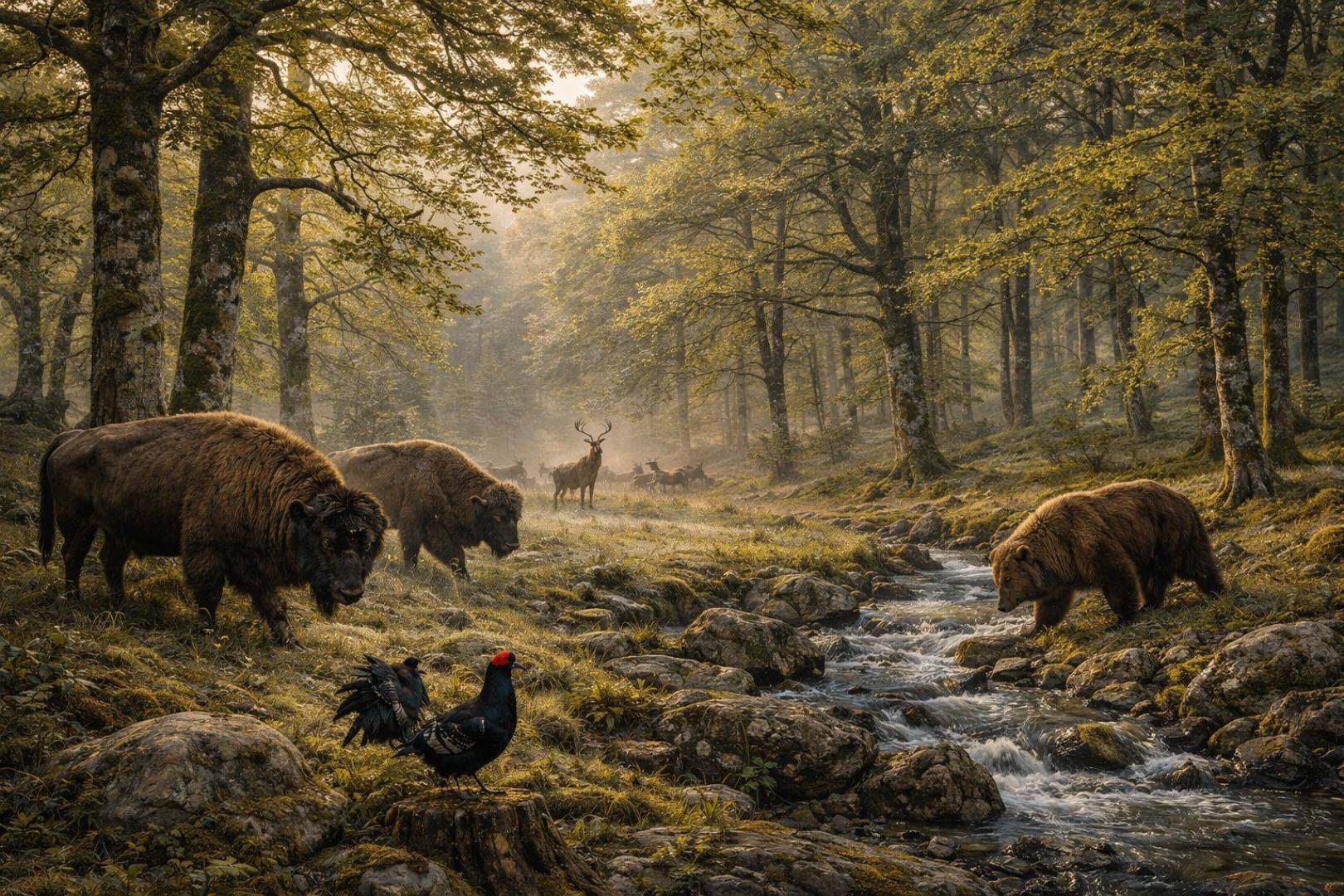 Recreación hecha con inteligencia artificial de un paisaje navarro de hace 4.000 años, en el que aparecen bisontes, un oso, ciervos y un gallo lira.