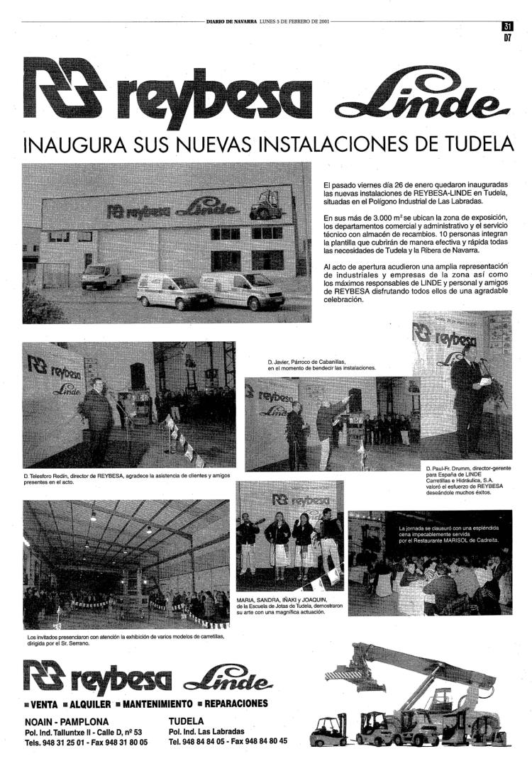 Página publicada por Diario de Navarra el 5 de febrero de 2001 sobre la inauguración de la delegación de Reybesa en Tudela