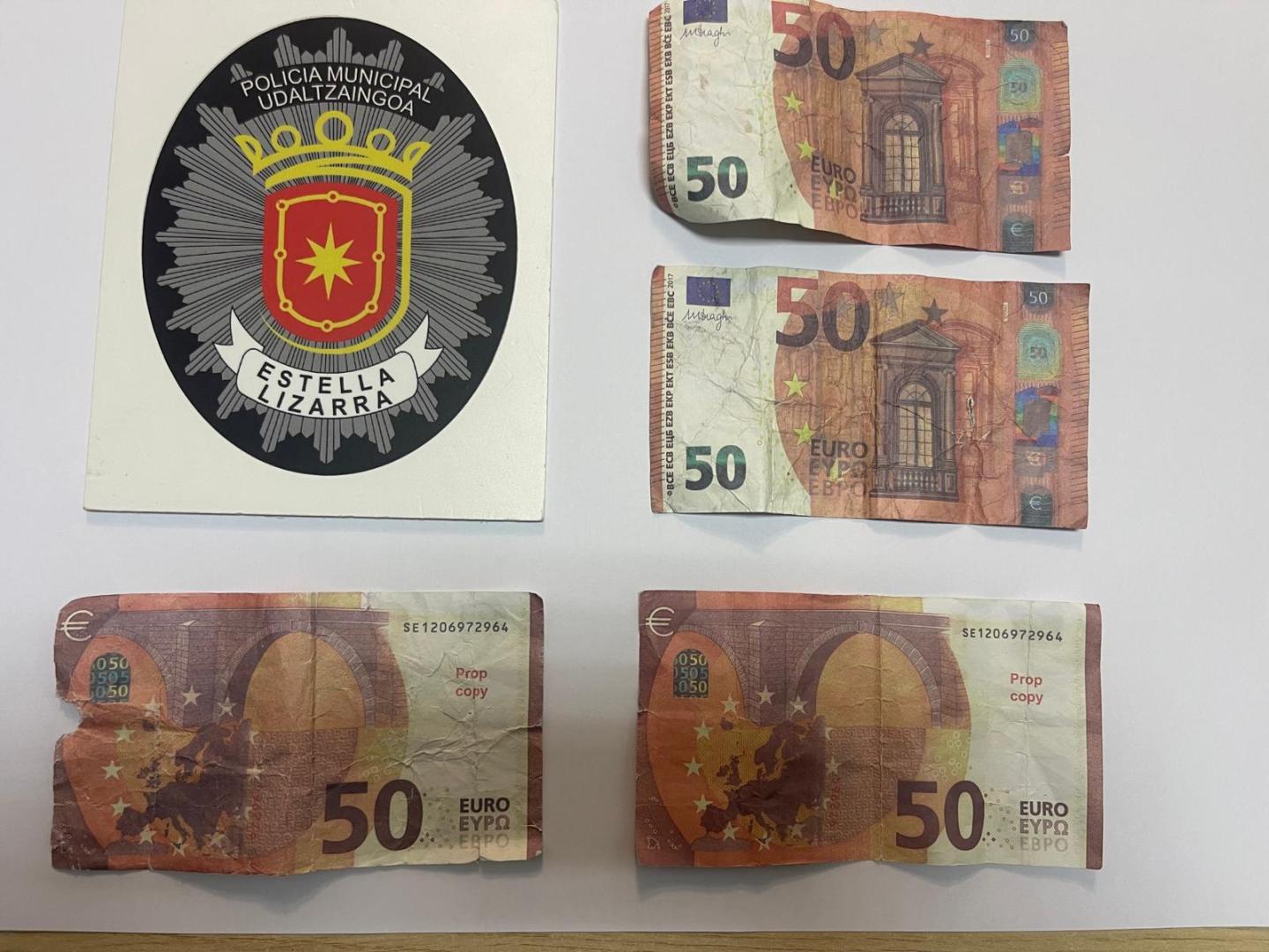 Imagen de los billetes falsos distribuida por Policía Municipal de Estella.
