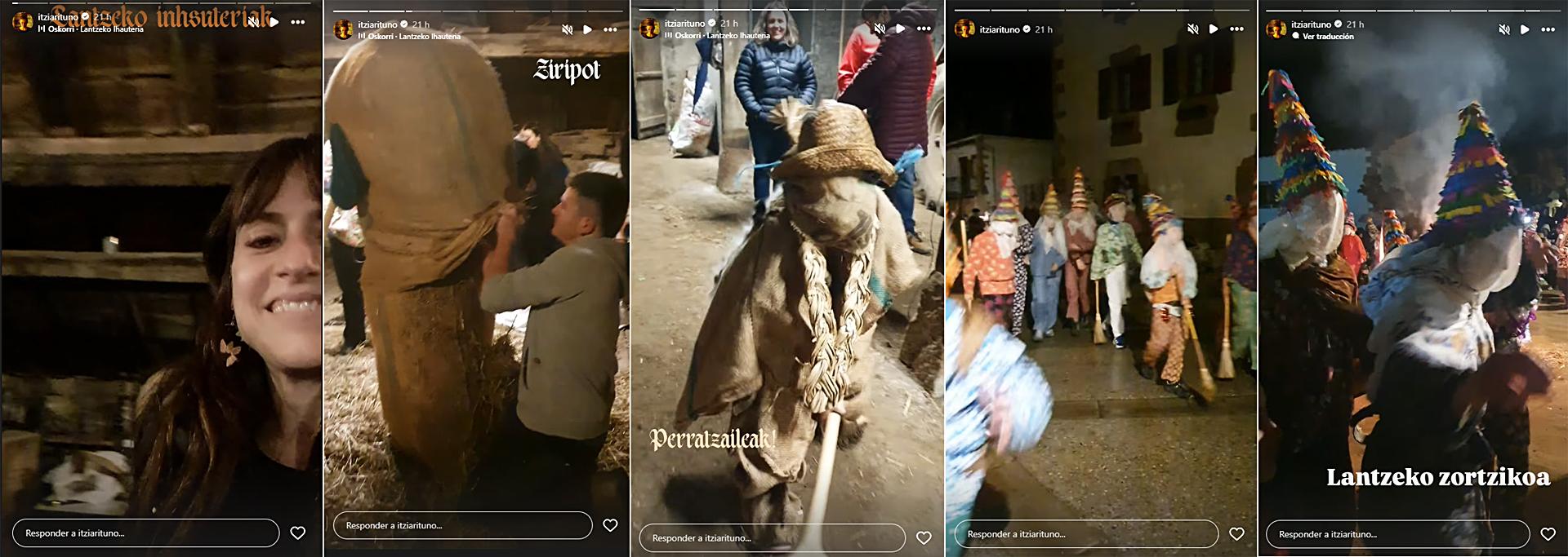 Varias capturas del Instagram de la actriz Itziar Ituño mostrando la preparación de Ziripot y el desfile de los txatxos y Miel Otxin en los Carnavales de Lantz