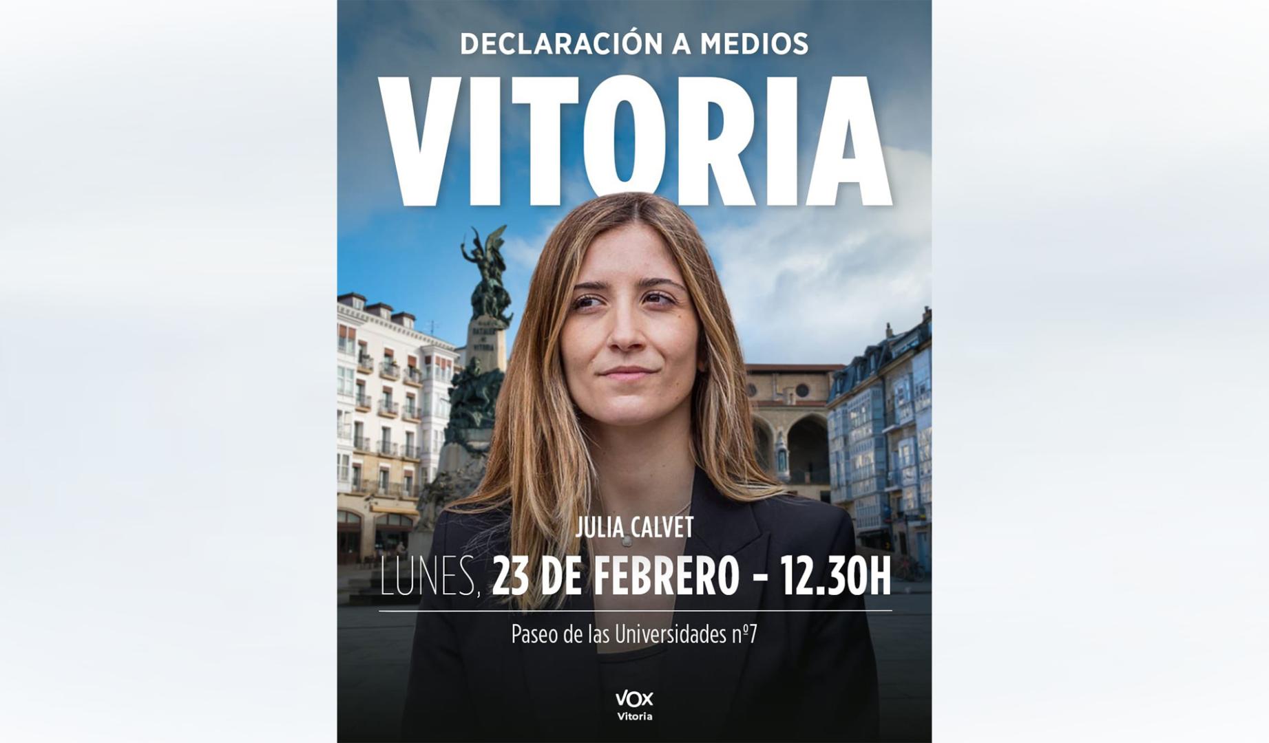Julia Calvet ha publicado en X  que el lunes estará "en Vitoria para denunciar las pancartas amenazantes que han sido desplegadas en el Campus Universitario de Vitoria por la izquierda abertzale"