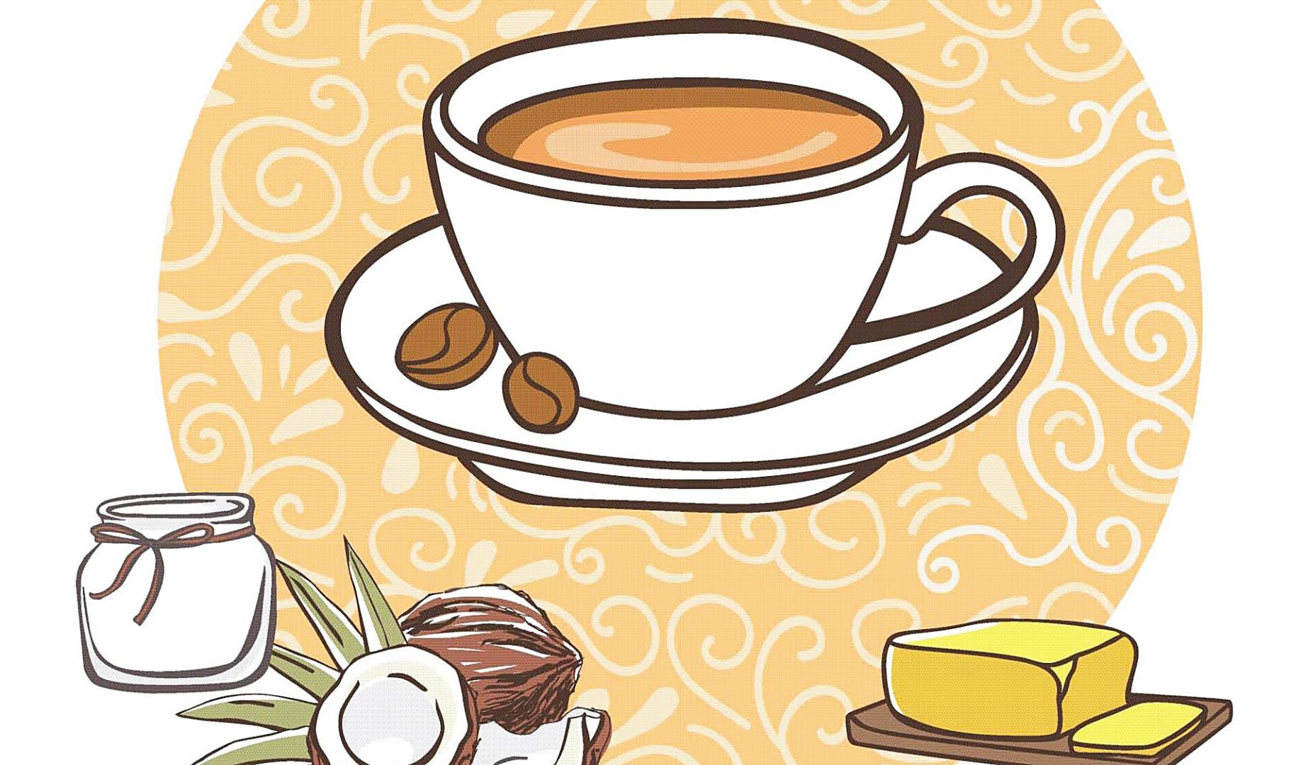 Dibujo de una taza de café con varios alimentos alrededor