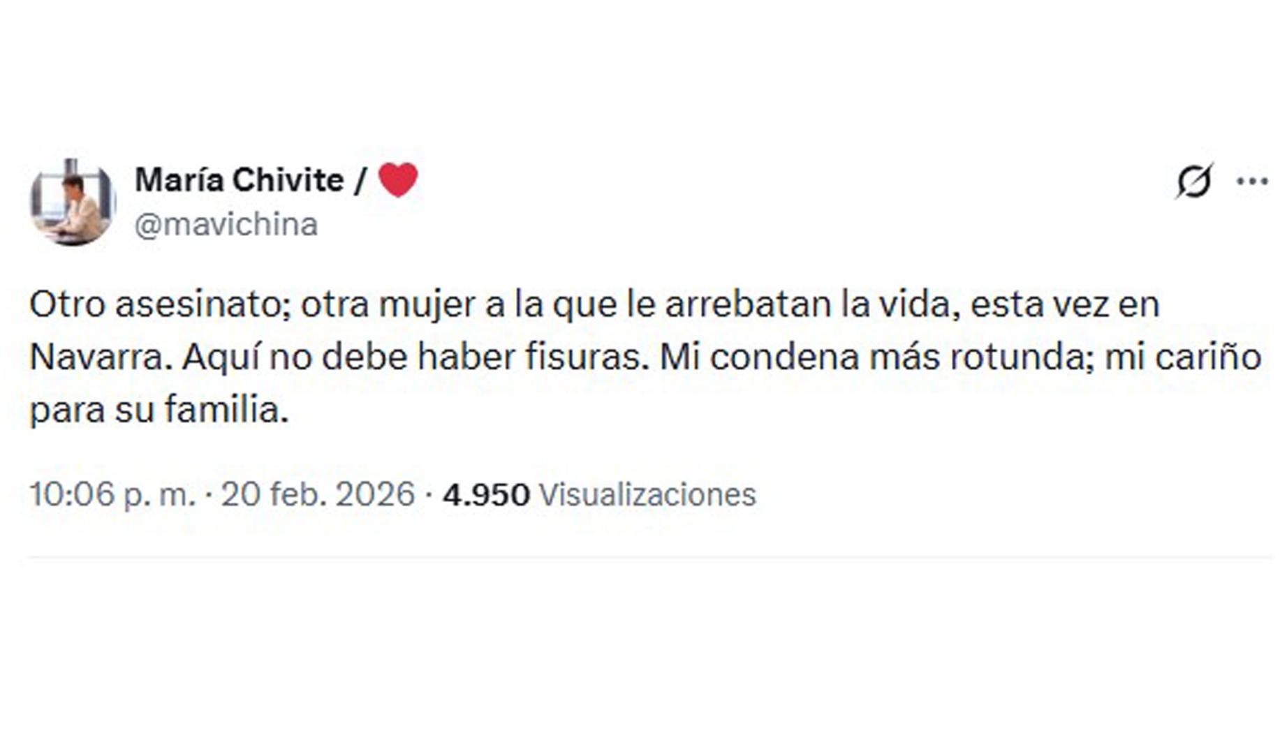 Mensaje de la presidenta del Gobierno de Navarra, María Chivite, condenando el asesinato de una mujer en Sarriguren