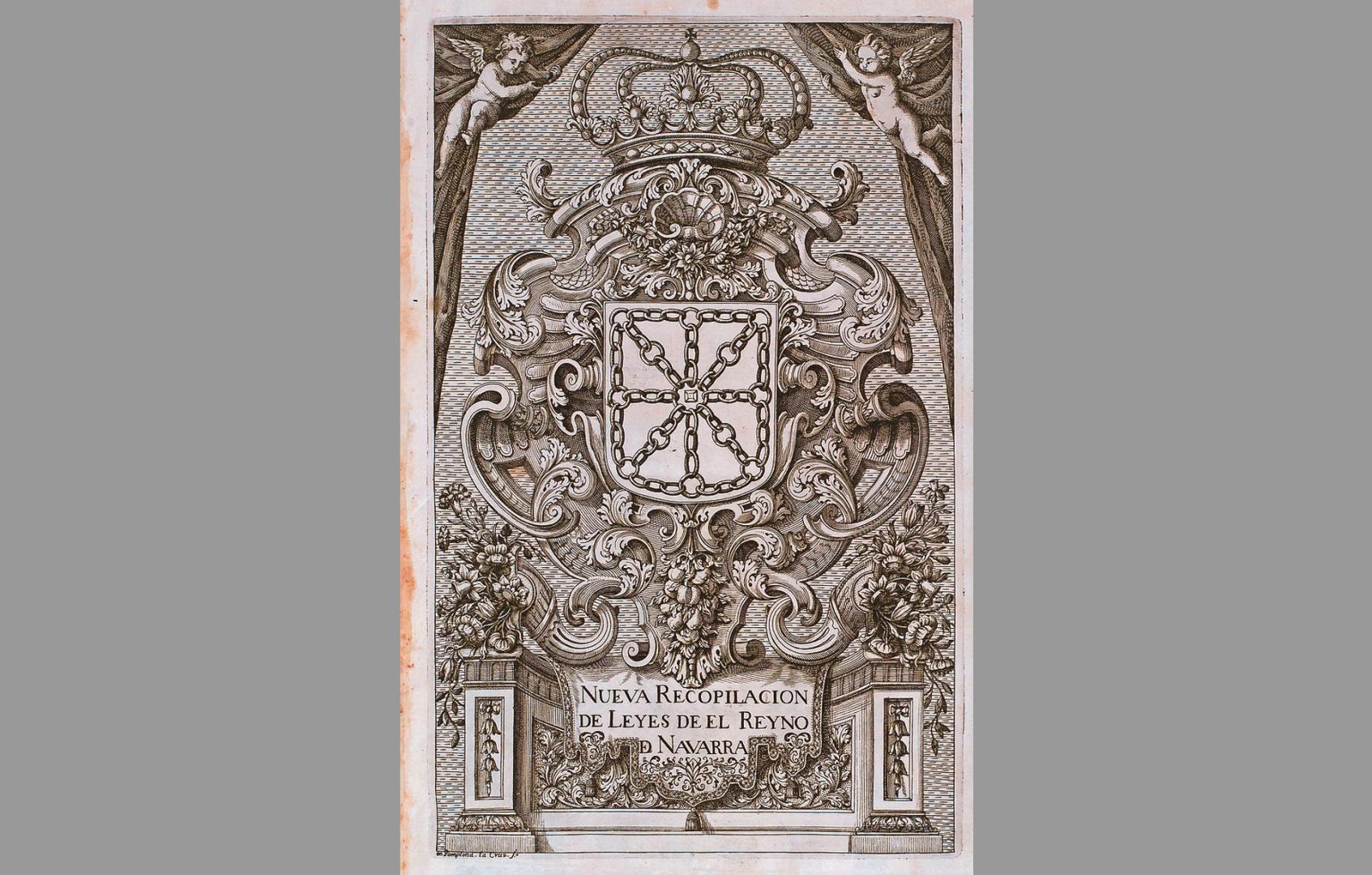 Escudo de Navarra grabado por Juan de la Cruz para la edición de la Novissima Recopilación de las Leyes de el Reyno de Navarra, 1735.