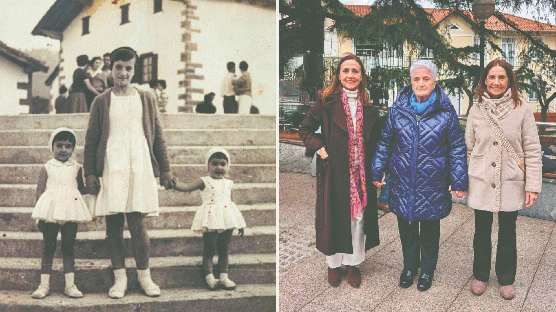 ORONDRIZ, 1960 y TRAPAGARAN (Vizcaya), 2026. Ana Mari Mariezkurrena Telletxea sujeta de la mano a Inma y Mari Carmen Tens Sánchez  en sendas imágenes separadas por la distancia del tiempo