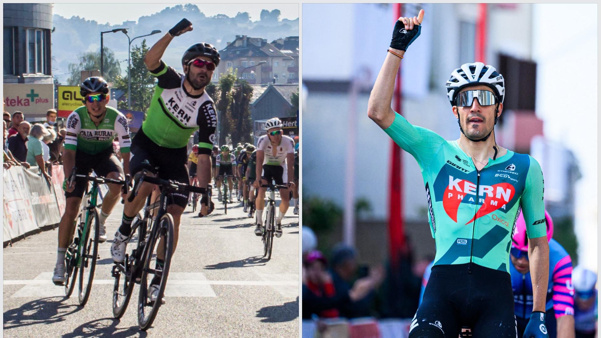 (IZDA) LA PRIMERA - 2020.  Enrique Sanz celebra la primera victoria en  la Belgrade-Banjaluka. (DCHA.) LA ÚLTIMA - 2026.  Iván Cobo celebra el triunfo en el Regio Dodecanese