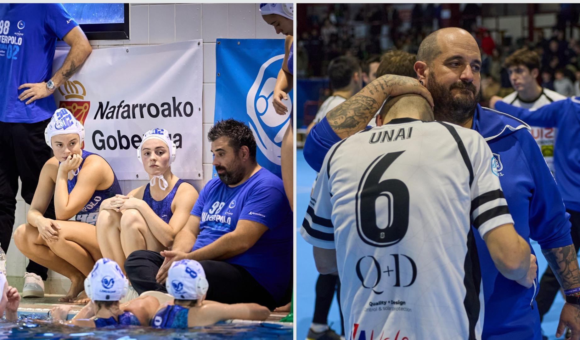 Imanol Maiza, técnico del WP Iruña 98 02, da órdenes al equipo y Kapu, tras la eliminación copera del TAFA
