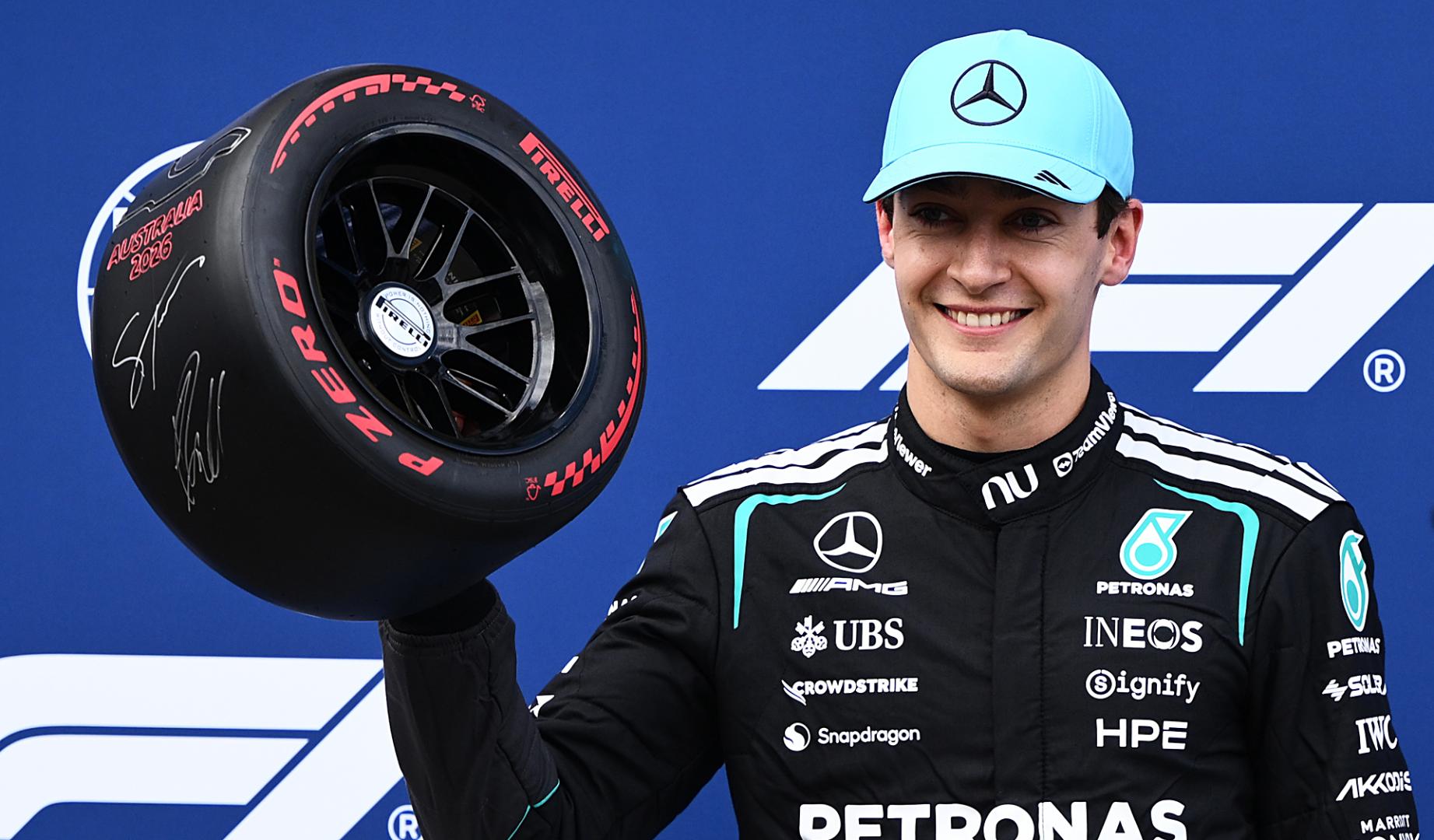 El piloto de Mercedes George Russell Mercedes celebra la 'pole' en el Gp de Australia