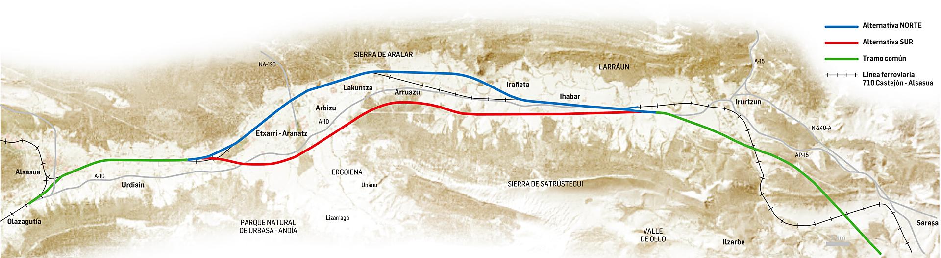 Trazado del corredor del TAV entre Pamplona y Alsasua
