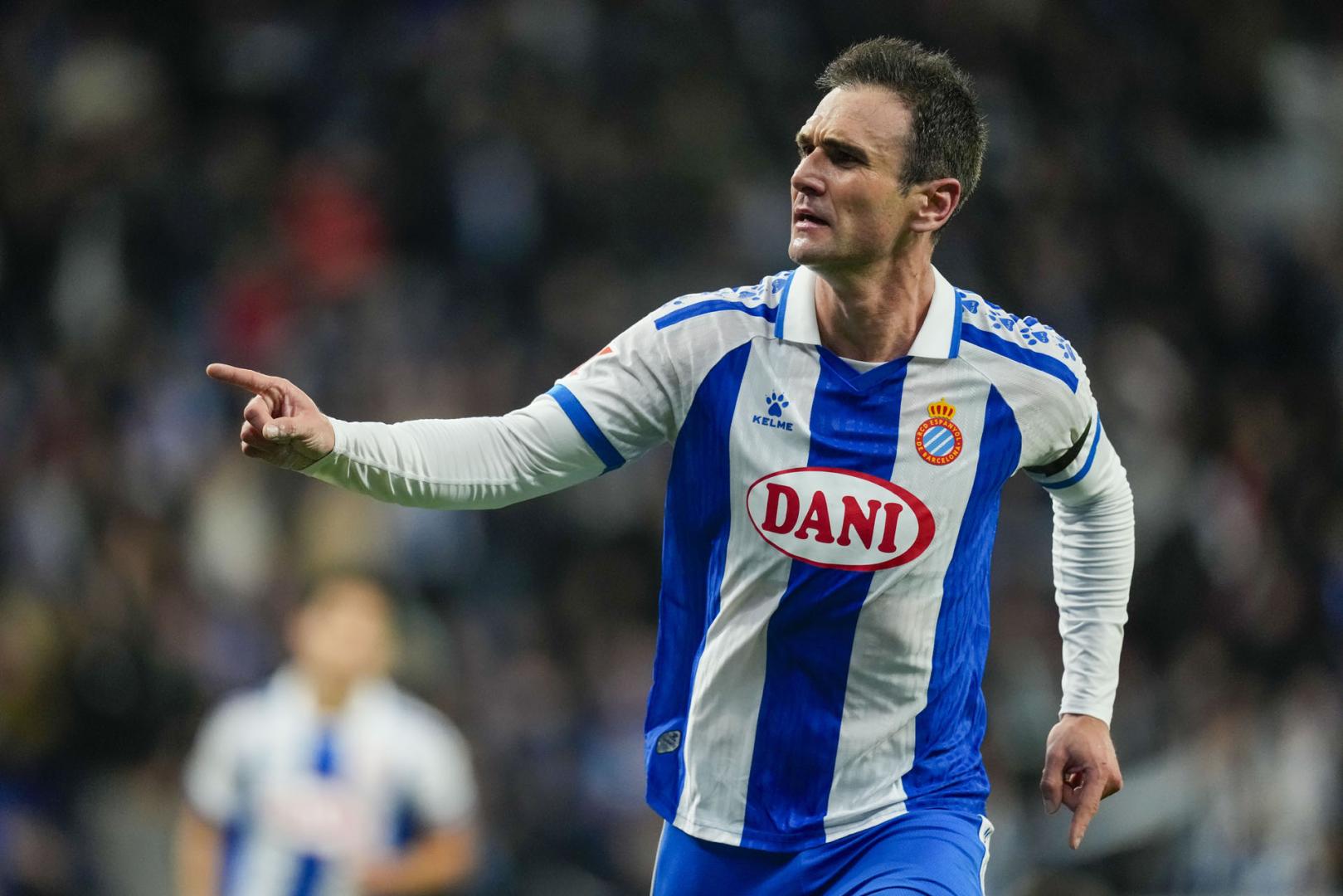 Kike García (Espanyol) celebra el gol anotado ante el Oviedo