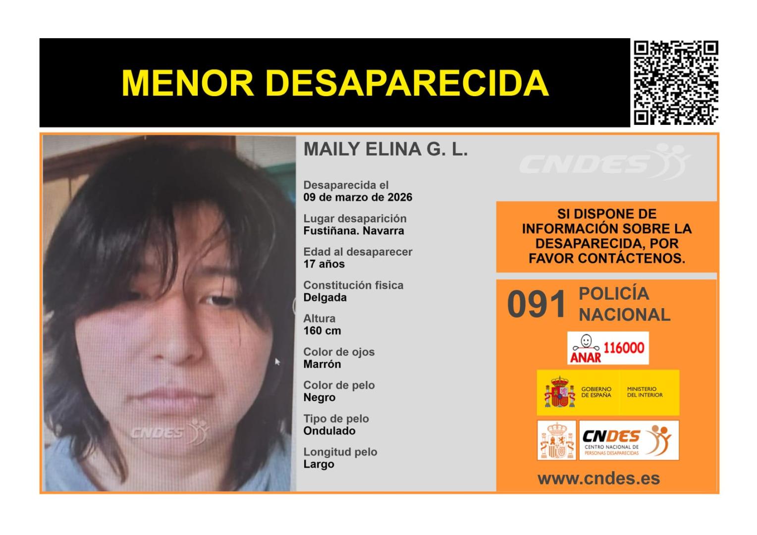 Fotografía difundida de la menor desaparecida en Fustiñana