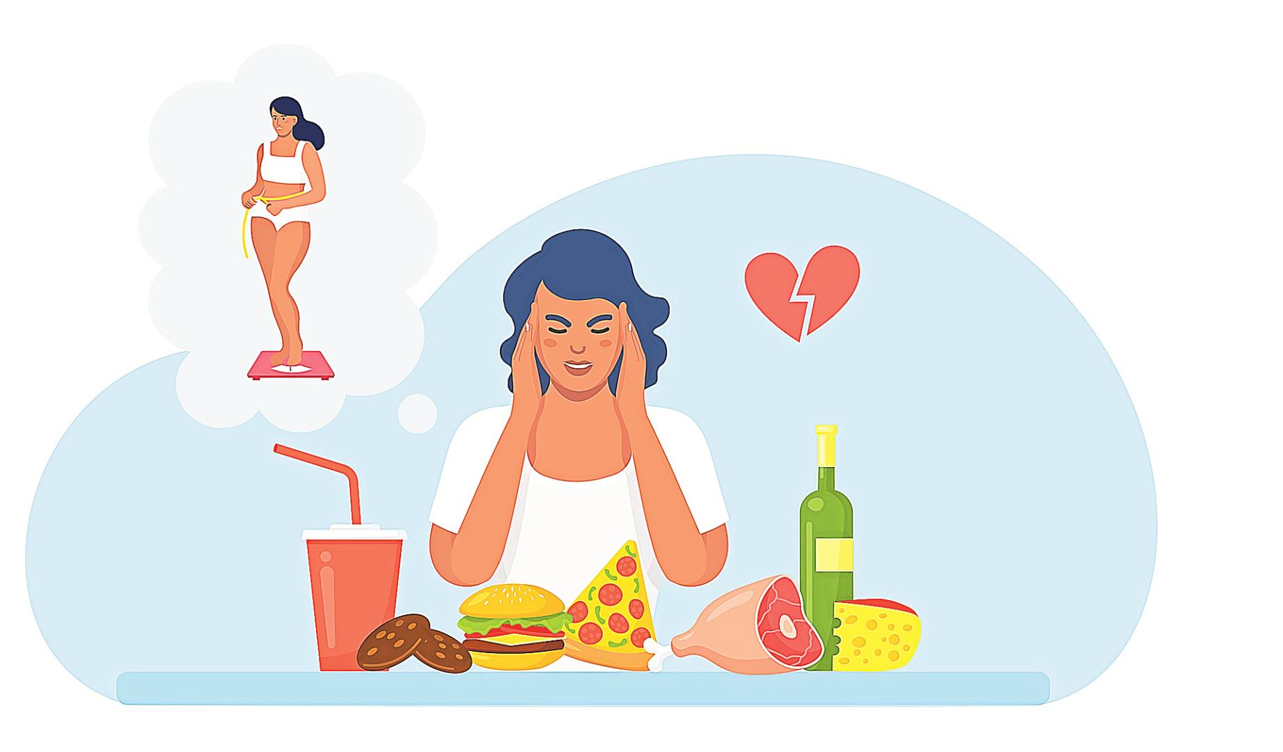 Una mujer piensa en dieta ante alimentos