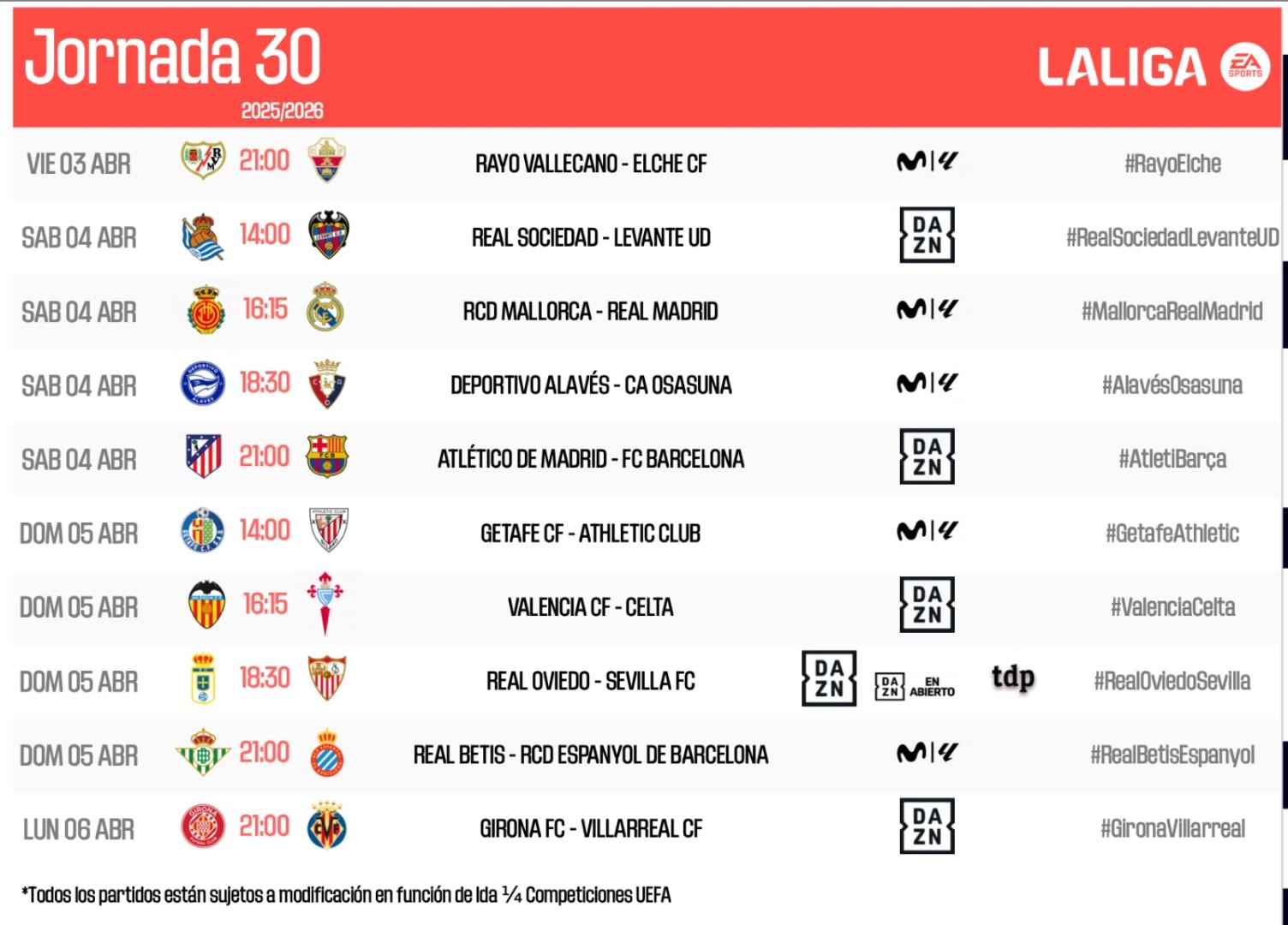Señalamientos de la jornada 30 de Primera DIvisión