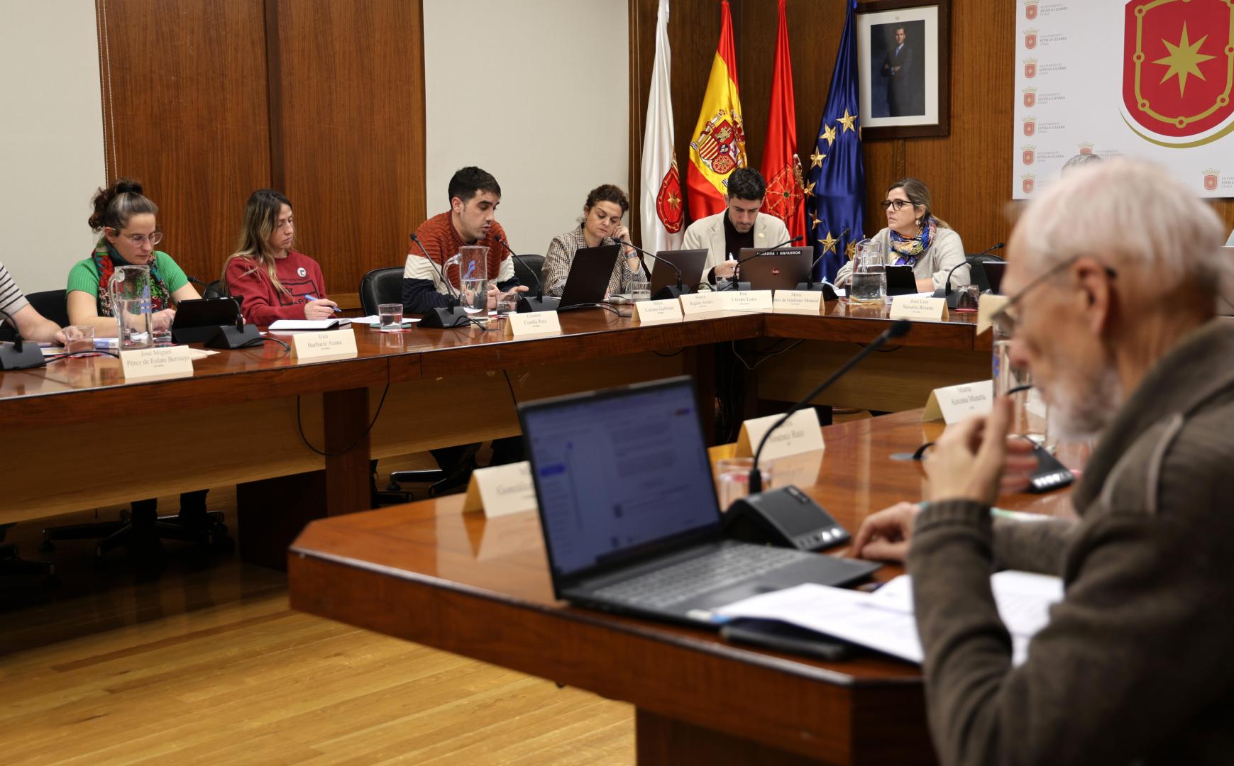 Desde la derecha, los concejales socialistas María Sanz de Galdeano e Ibai Crespo con la representante de Geroa Bai y ediles de EH Bildu en un pleno municipal de Estella.