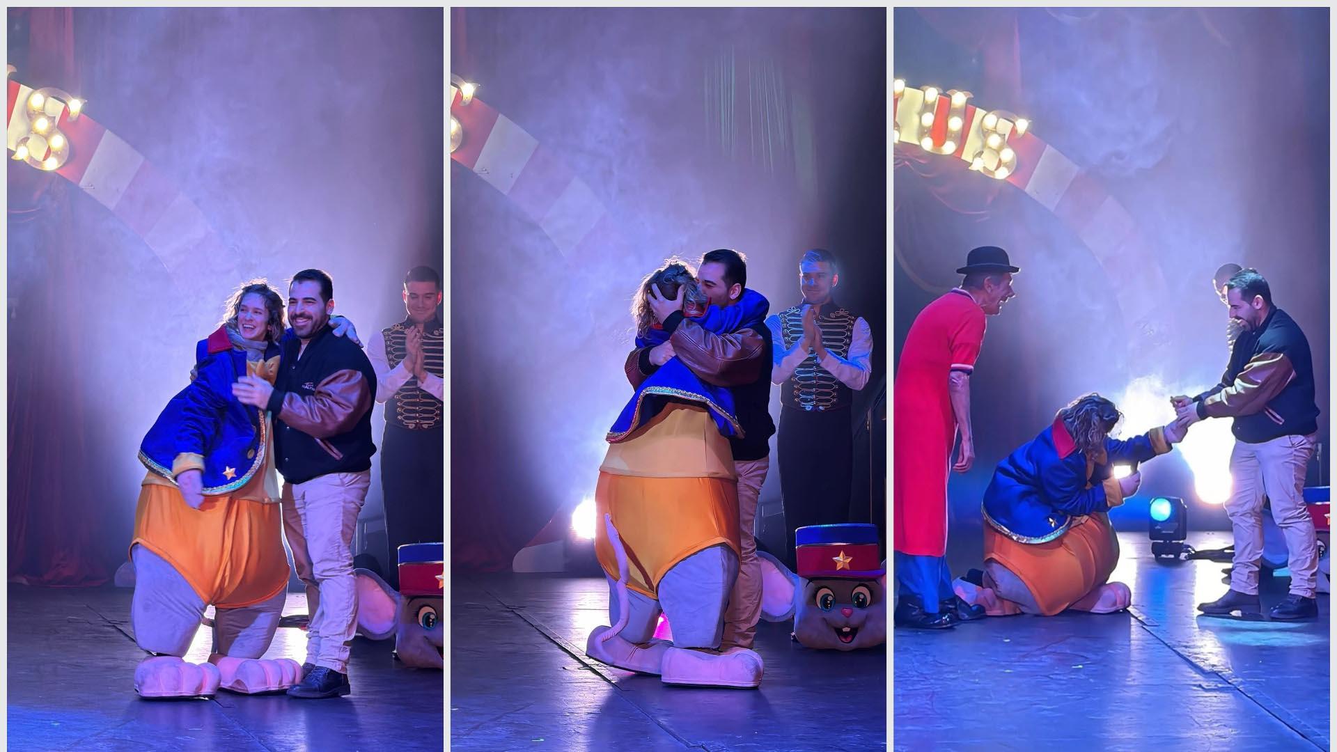 Tres momentos de la pedida de mano en el circo de Fofito en Pamplona