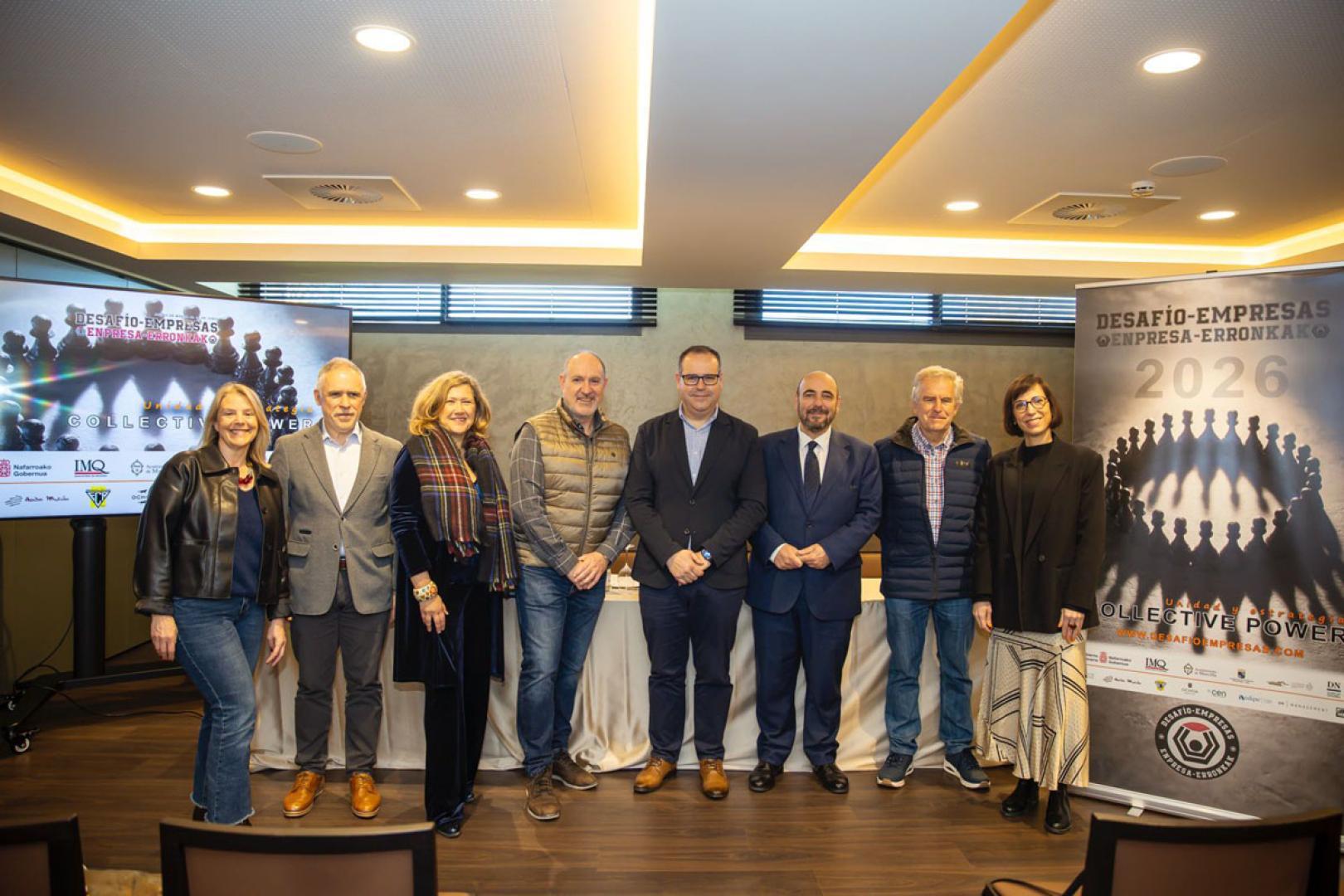 Presentación de Desafío Empresas 2026, que comenzará el 21 de marzo. De izquierda a derecha, Idoia Altadill, Felipe Hernández, Marta Pérez-Nievas, Luis C. Gutiérrez, Tomás Alarcón, Gorka Berraondo, Carlos Luna e Irene Guede