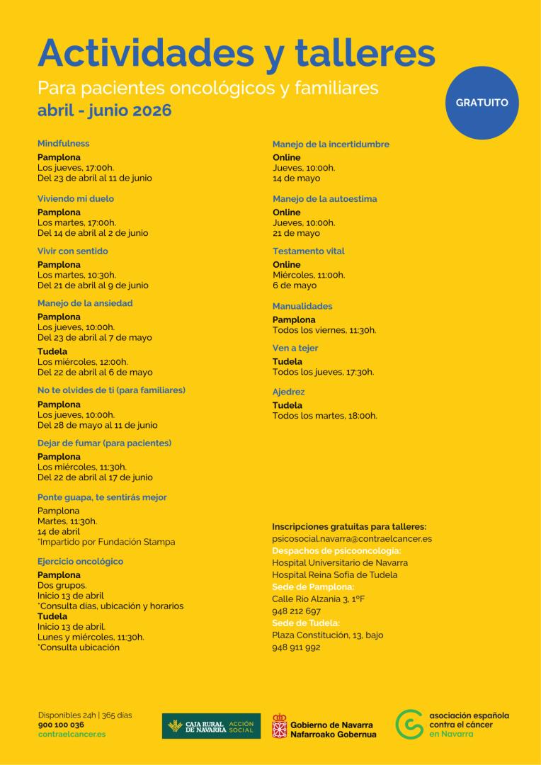 Cartel con las actividades y talleres gratuitos de la Asociación Española Contra el Cáncer en Navarra