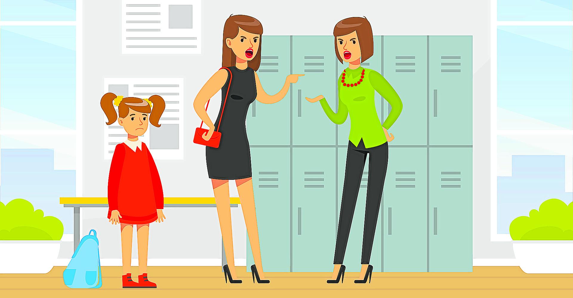 Ilustración de dos madres discutiendo en un colegio frente a una nuiña
