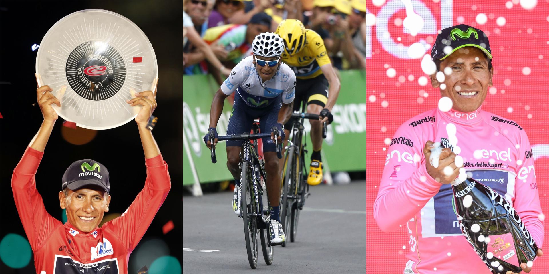 Fotografías de archivo que muestra al ciclista colombiano Nairo Quintana levantando el trofeo en la vuelta a España 2016 (i), compitiendo en el tour de Francia 2025 (c) y celebrando en el podio del Giro de Italia 2017 (d). Nairo Quintana, quien anunció este domingo que se retirará al finalizar la temporada de 2026, dejará el ciclismo como la leyenda que le devolvió la grandeza a Colombia en este deporte como uno de los mejores escaladores del mundo y con los títulos del Giro de Italia de 2014 y la Vuelta a España en 2016. EFE/ Javier Lizón, Sebastien Nogier, Alessandro Di Meo / ARCHIVO