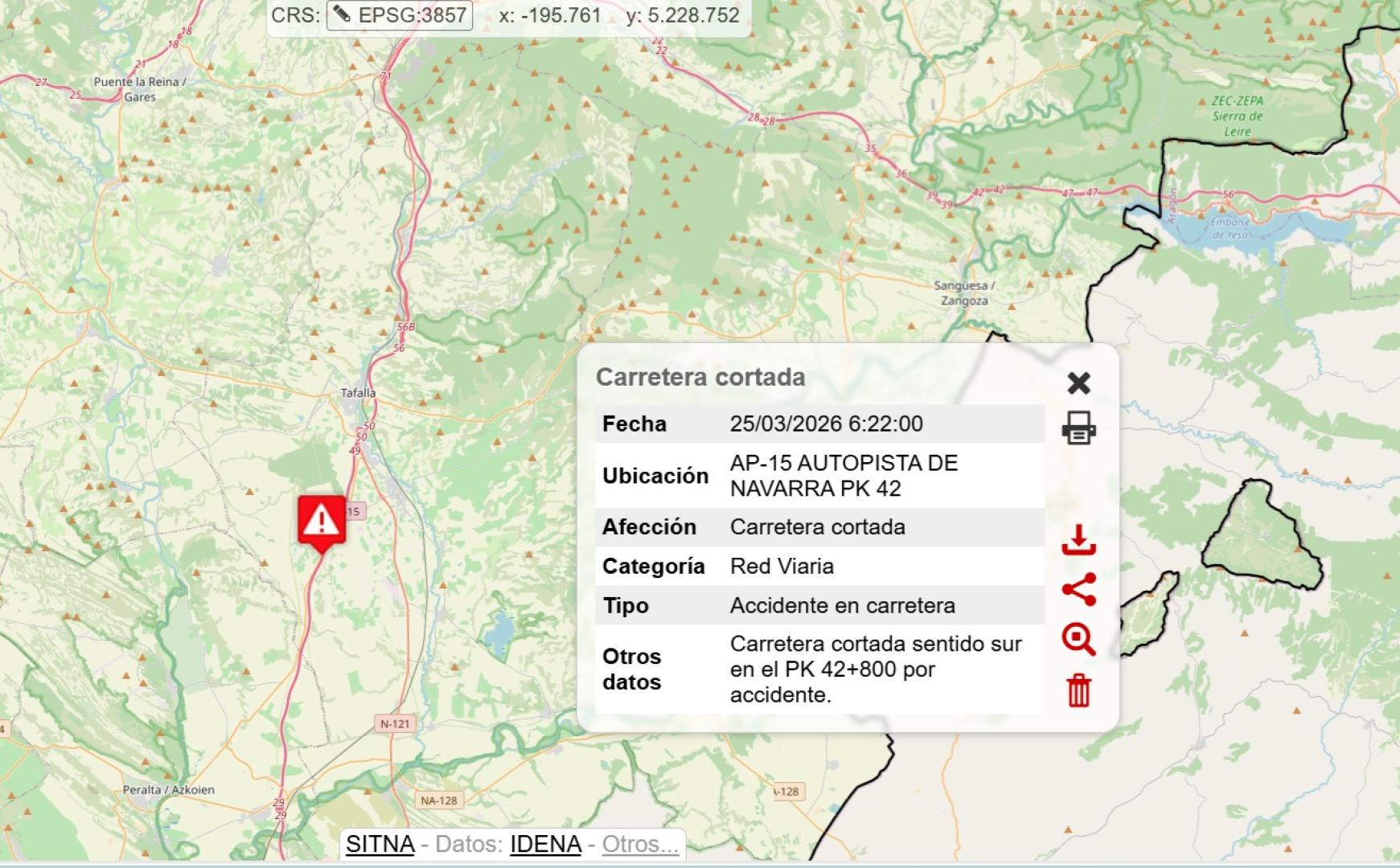 Mapa que indica el accidente y el corte de la autopista AP-15