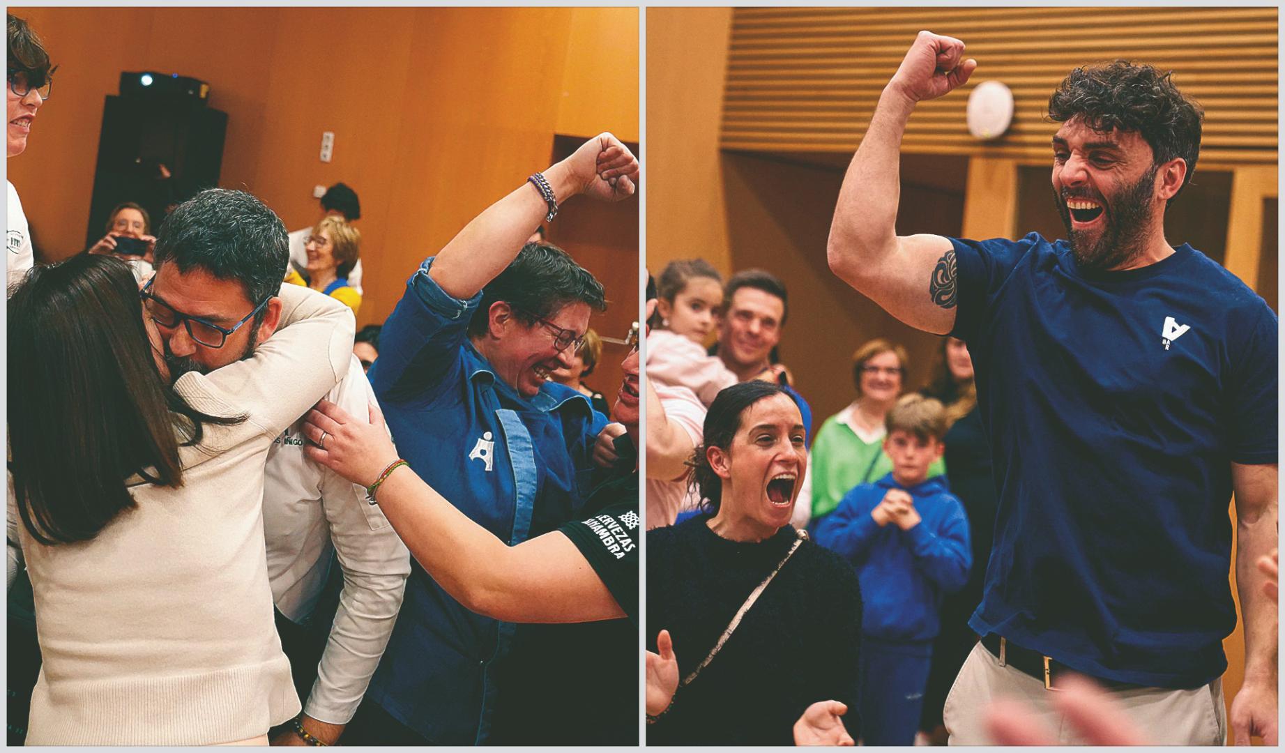 A la izquierda, Jesús Íñigo Luri, Amaia Larraza Tapia y Marga Portas Díaz, del bar Amatxo, celebran el galardón; a la derecha, el júbilo de Asier Olmedo Rubio, del bar Gatza