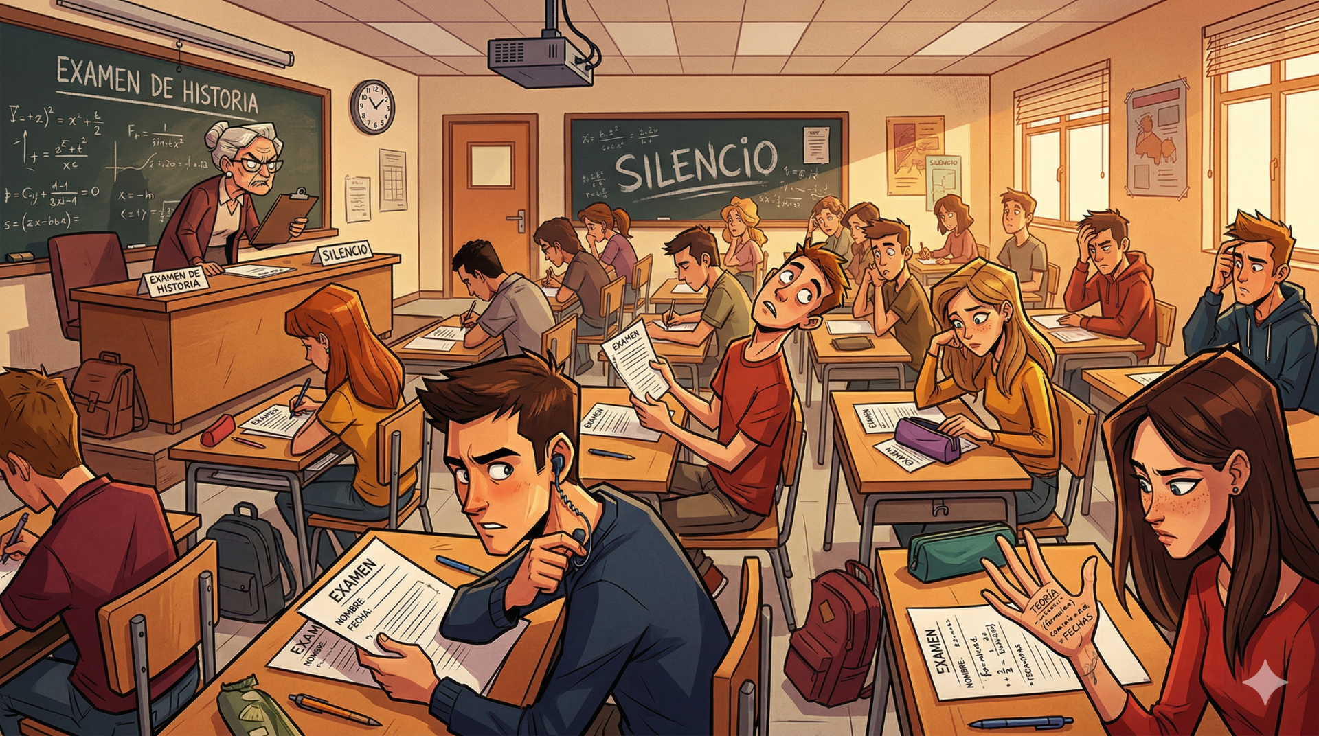 Ilustración generada por IA de alumnos copiando en un examen.