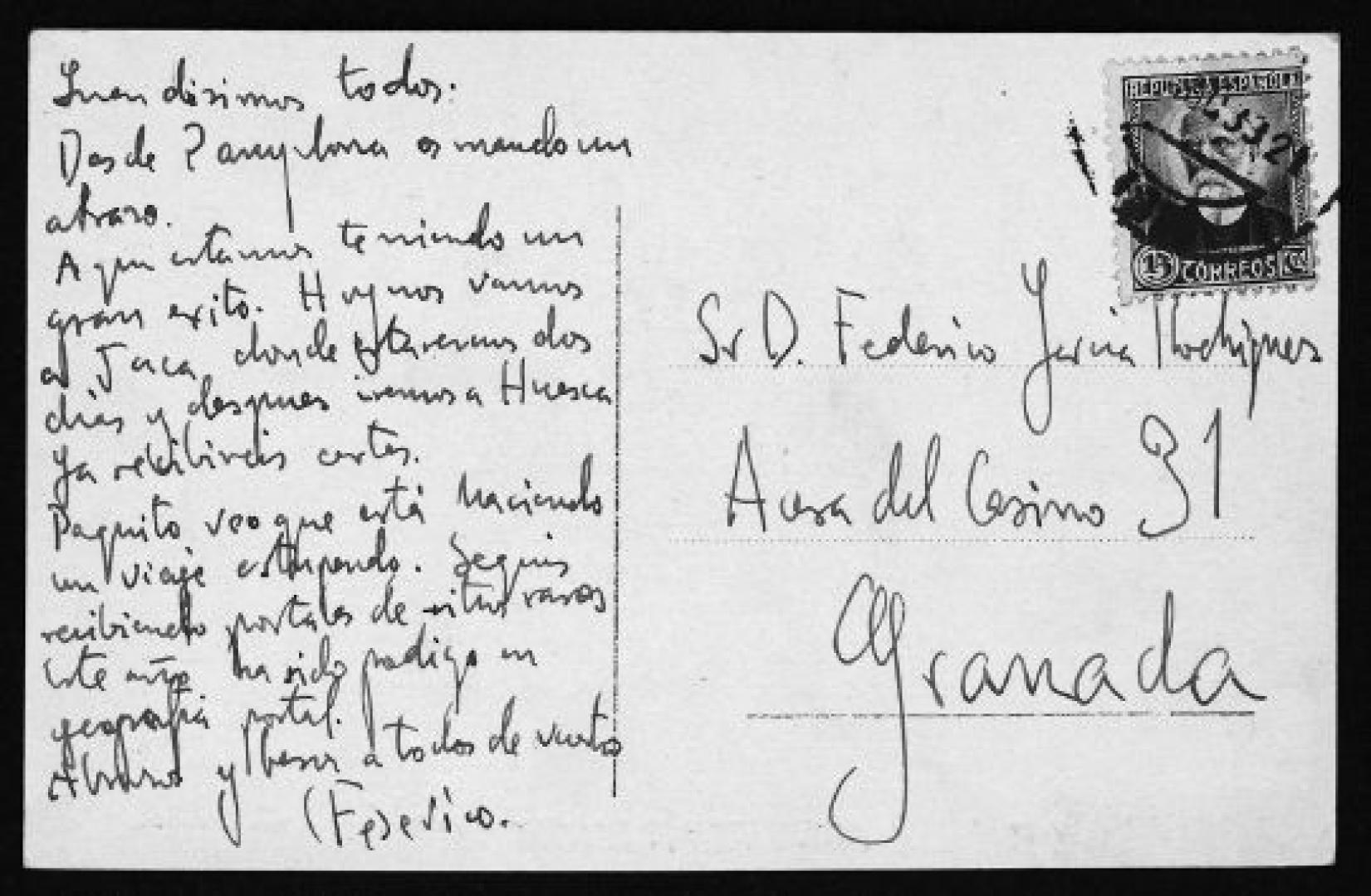 Postal enviada por Lorca a su familia desde Pamplona en 1933.