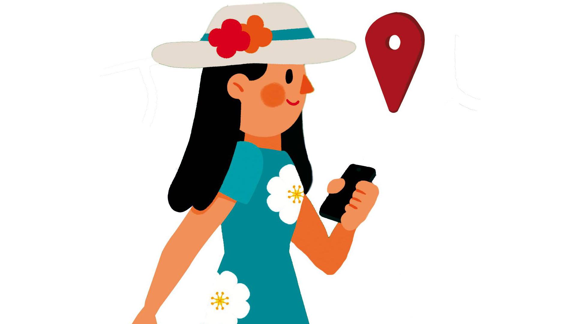 Ilustración de una viajera utilizando el móvil como guía