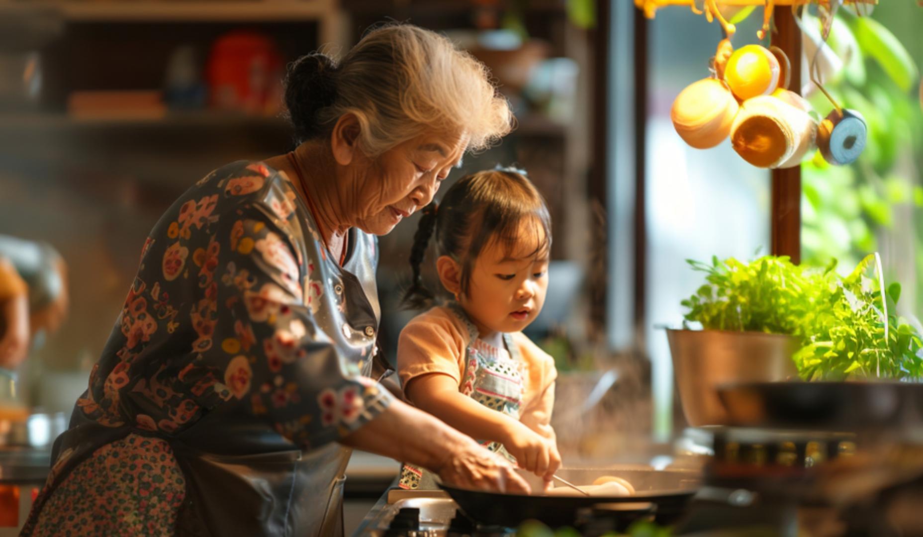 Una abuela cocinando con su nieta