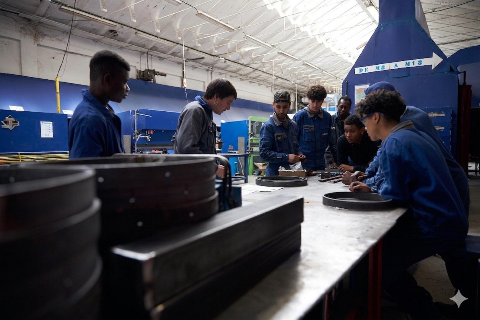 Alumnado de la FP básica de Fabricación de elementos metálicos en una clase en el taller de soldadura
