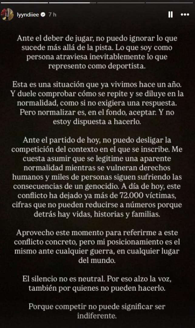 Comunicado compartido por buena parte de las internacionales de la selección española de balonmano en redes sociales ante el duelo frente a Israel