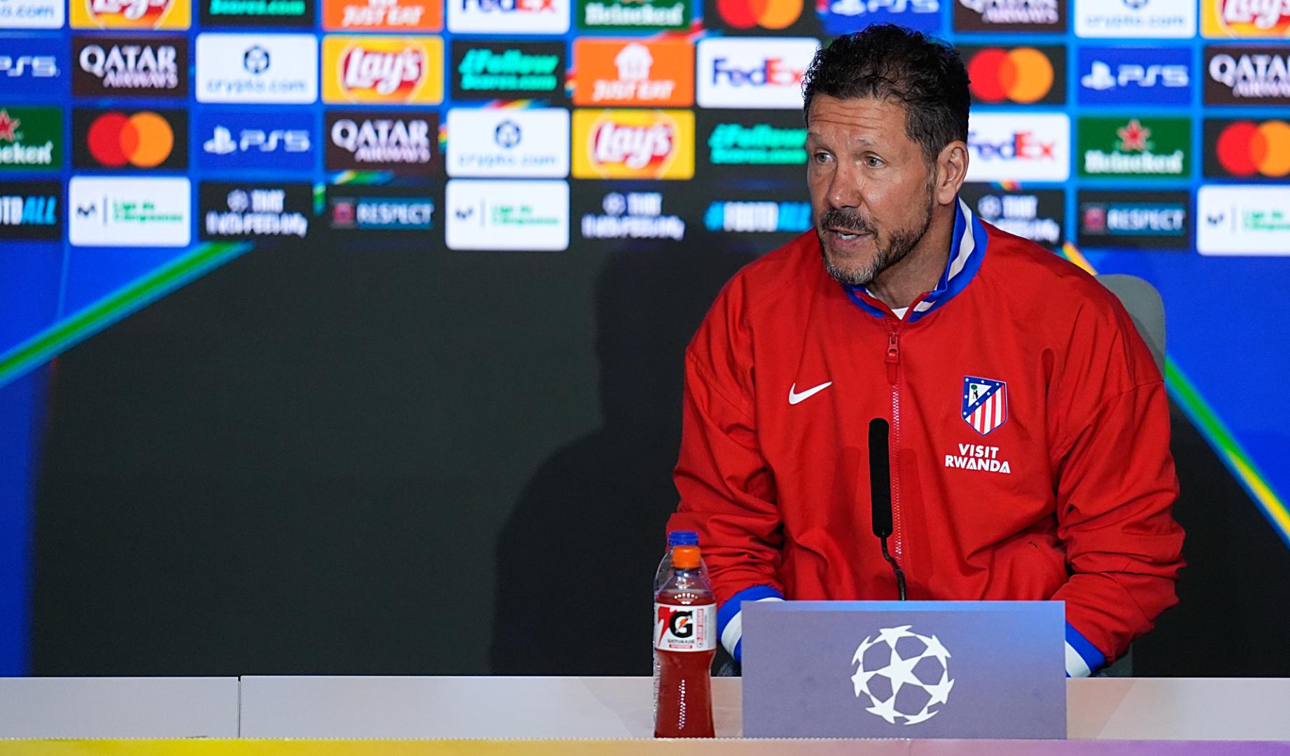 El 'Cholo' Simeone, durante la rueda de prensa en la previa a la vuelta de los cuartos de final de la Champions contra el F.C. Barcelona