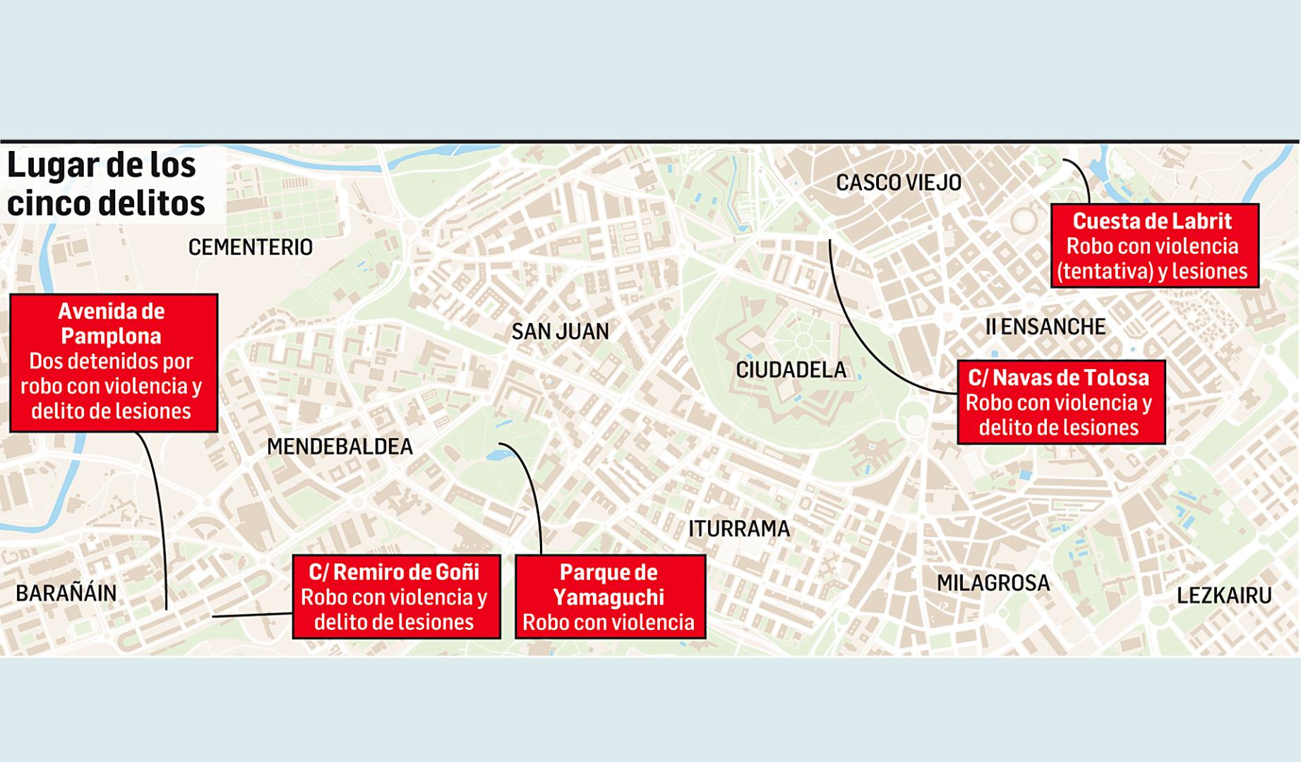 Mapa con la ubicación de delitos ocurridos en Pamplona