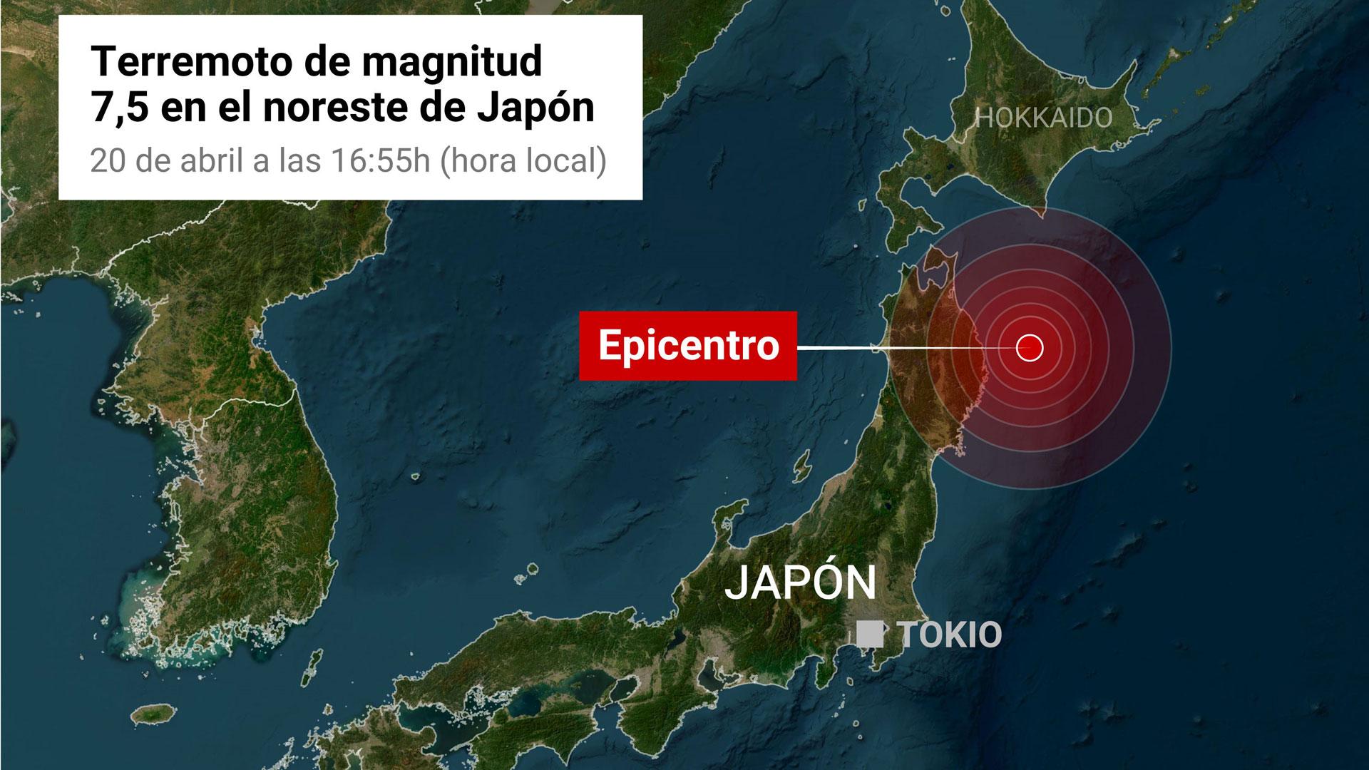 Las autoridades de Japón han emitido este lunes una alerta de tsunami tras un terremoto de magnitud 7,5 en la escala de Richter frente a la costa oriental del país asiático